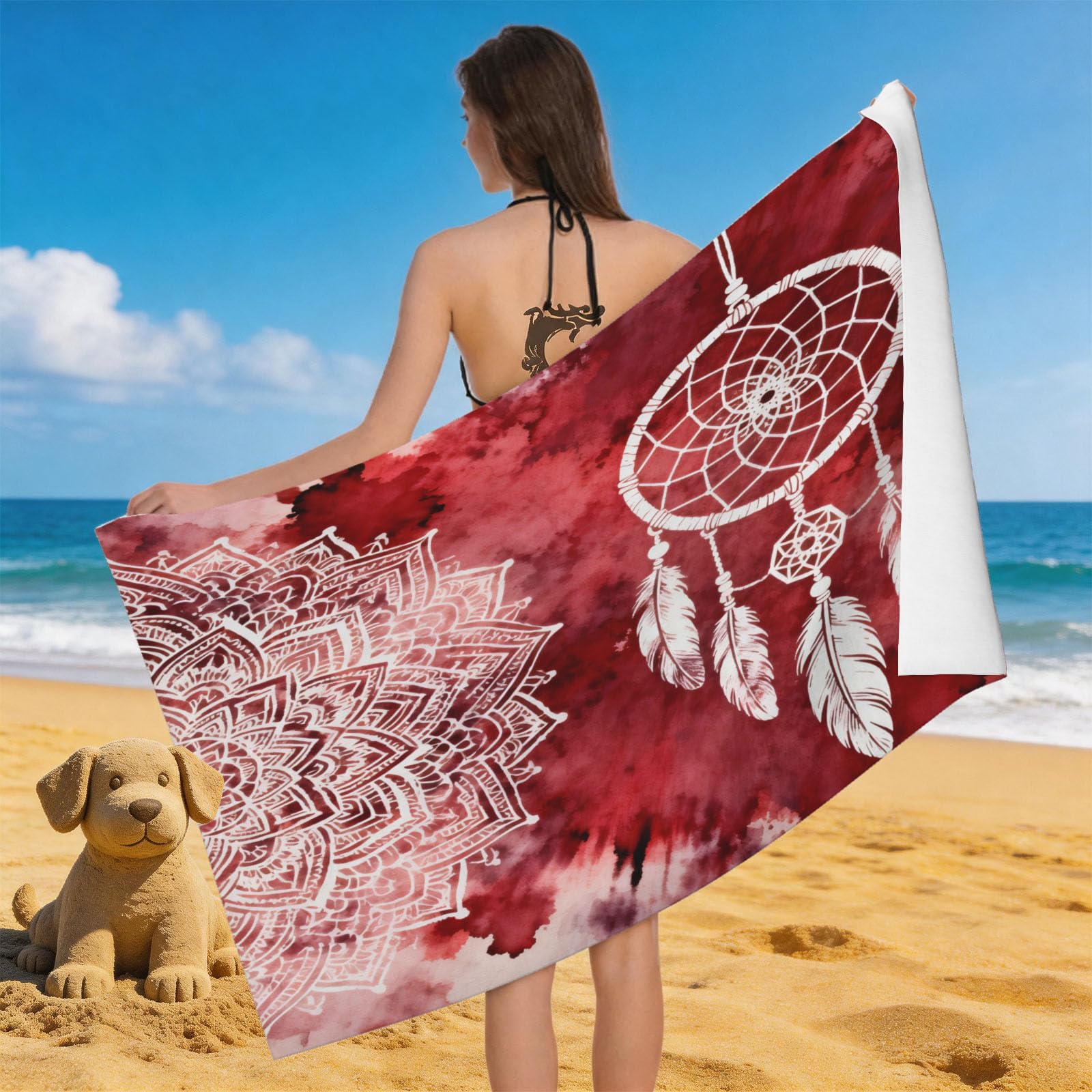 Leichong 3D Watercolor Dreamcatcher Beach Towel Large Microfiber Soft Quick Dry for Adults, Ethnic Style Bath Towel Lightweight Soft Absorbent for Travel Swimming Pool Sports, 180 x 90 cm
