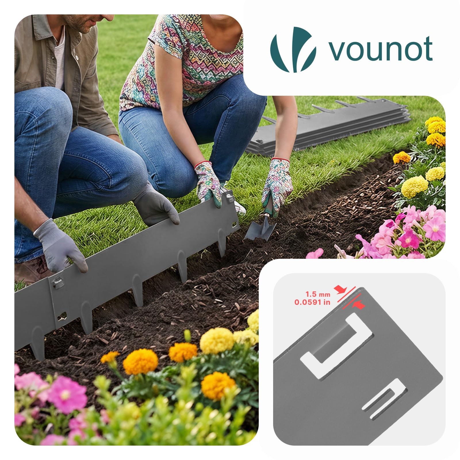 VOUNOT® Bordure de Jardin Gazon en Métal Galvanisé 10M Bordure de Séparation Résistante Epaisseur 1.5mm 106x18cm Lot de 10pcs Clôture Flexible de Pelouse pour Jardin Plantes Potager Gris