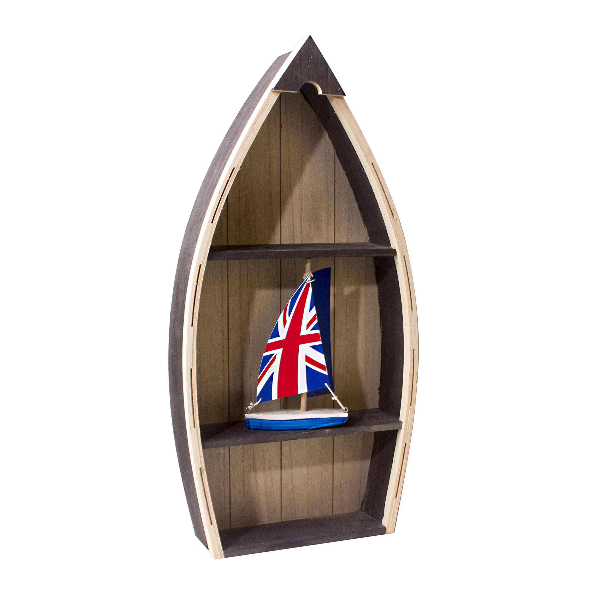 Wooden Floating Boat Shaped Shelf and Small Boat Ornament - Rustic Nautical Themed Home Decor for Living Room Bathroom Bedroom Kitchen - Freestanding and Wall Hanging Display Shelf - 57 x 28 x 10cm