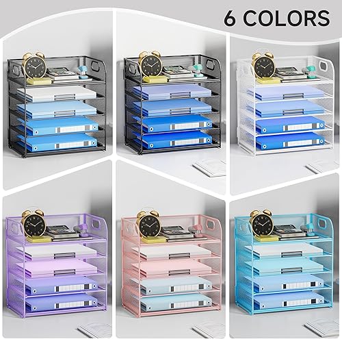 Miniatura 6 de Organizador de papel de 5 niveles para escritorio, organizador de archivos con asa, bandeja de cartas de malla, clasificador de papel, organizador