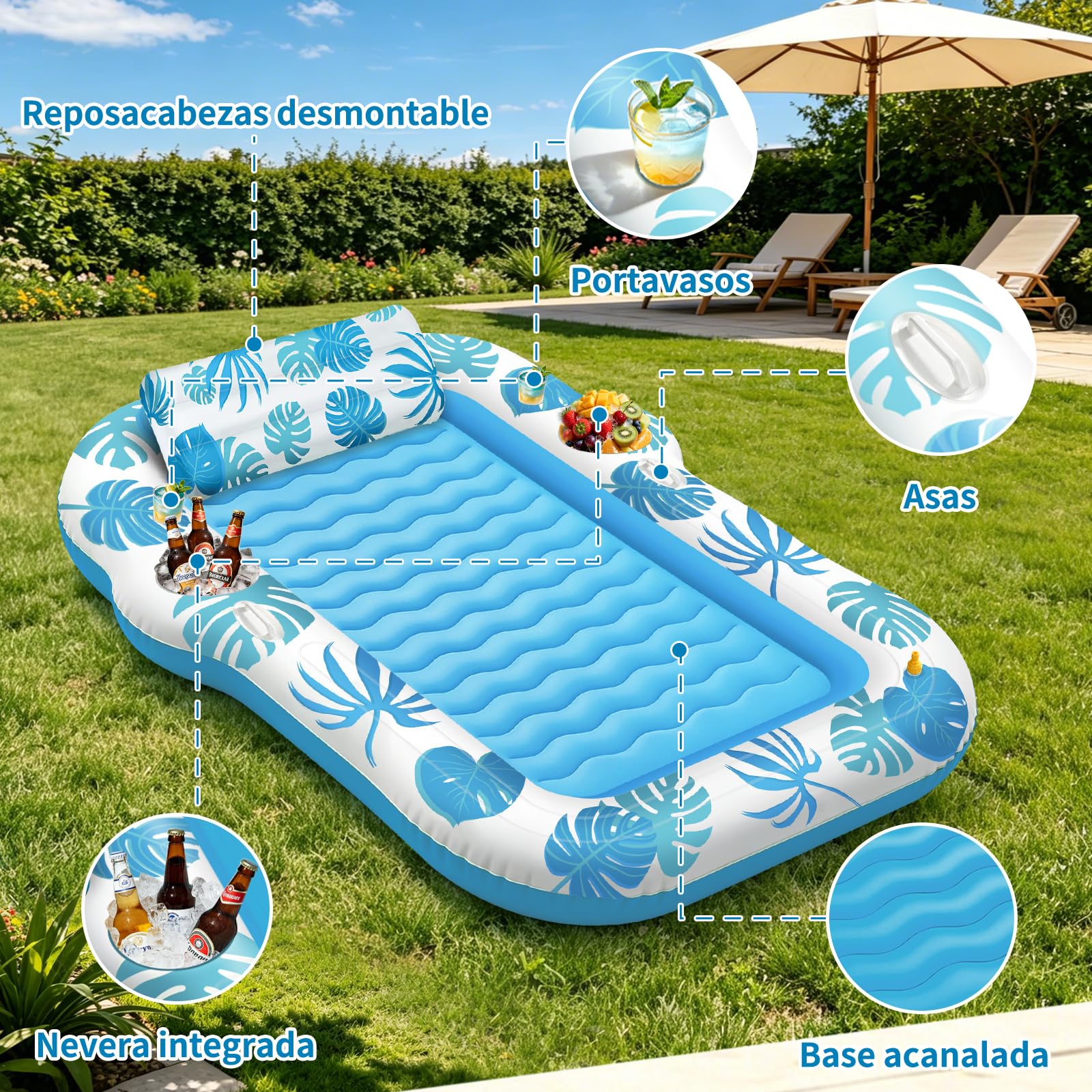 JONRRYIN Colchoneta Piscina Adultos 2 Personas, Tanning Pool 225×190 cm, Colchoneta Hinchable con Función de Rociado y 2 Portavasos, Hamaca Hinchable Flotador para Playa y Agua