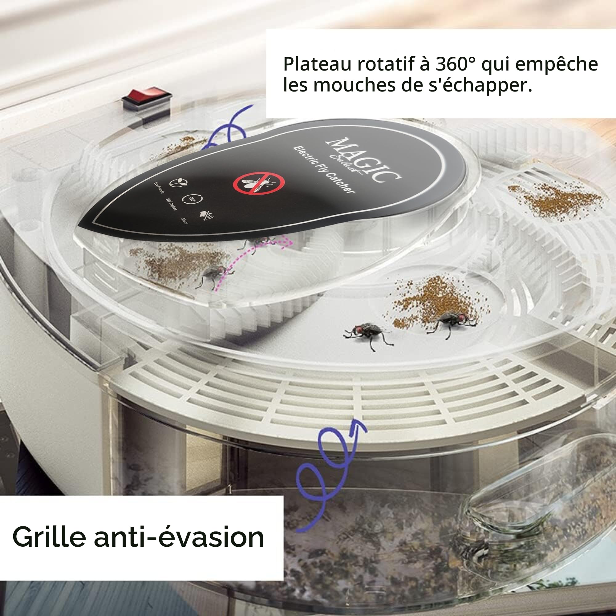 MAGIC SELECT Attrape Mouches Électrique Rotatif à 360°. Piège à Mouches avec Prise USB et Support Mural pour Maison, Cuisine, Restaurant, Hôtel, Bar.