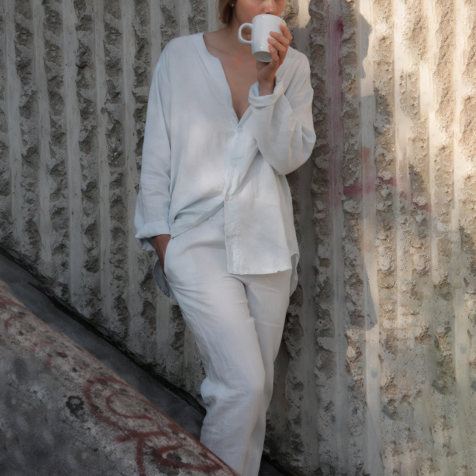RAKUYUME Schlafanzug Damen 100% Leinen Pyjama mit Knöpfen Nachtwäsche Taschen und Kordelzug Nightwear Set V-Ausschnitt Shirt Sleepshirt für Frauen