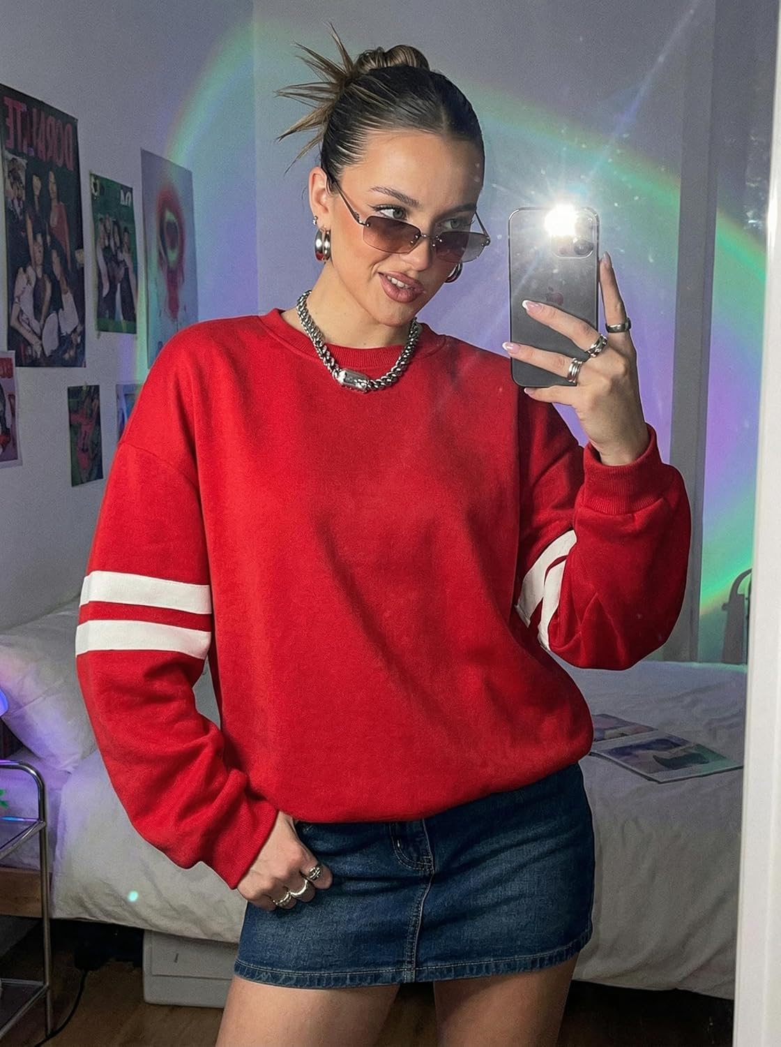 KevaMolly Womens Varsity Striped Oversized Sweatshirt Drop Shoulder Long Sleeve Casual Fashion Pullover Top - Image 7