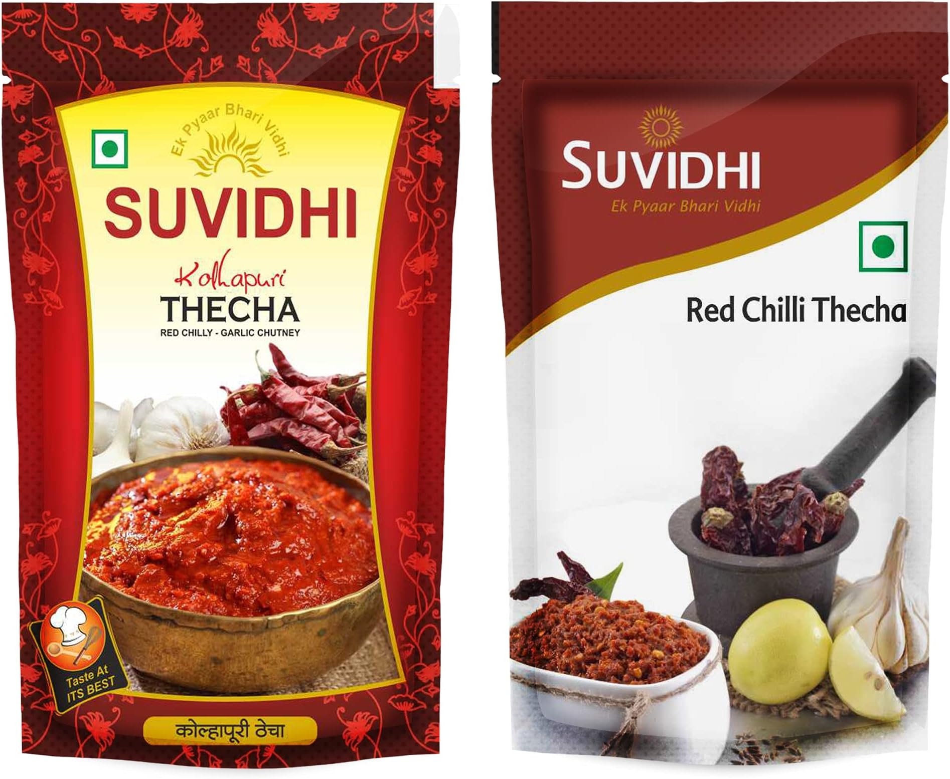 Suvidhi Kolhapuri thecha 100gm and suvidhi red Chilli thecha 100gm (Pack of 10 ) (Combo of 2)