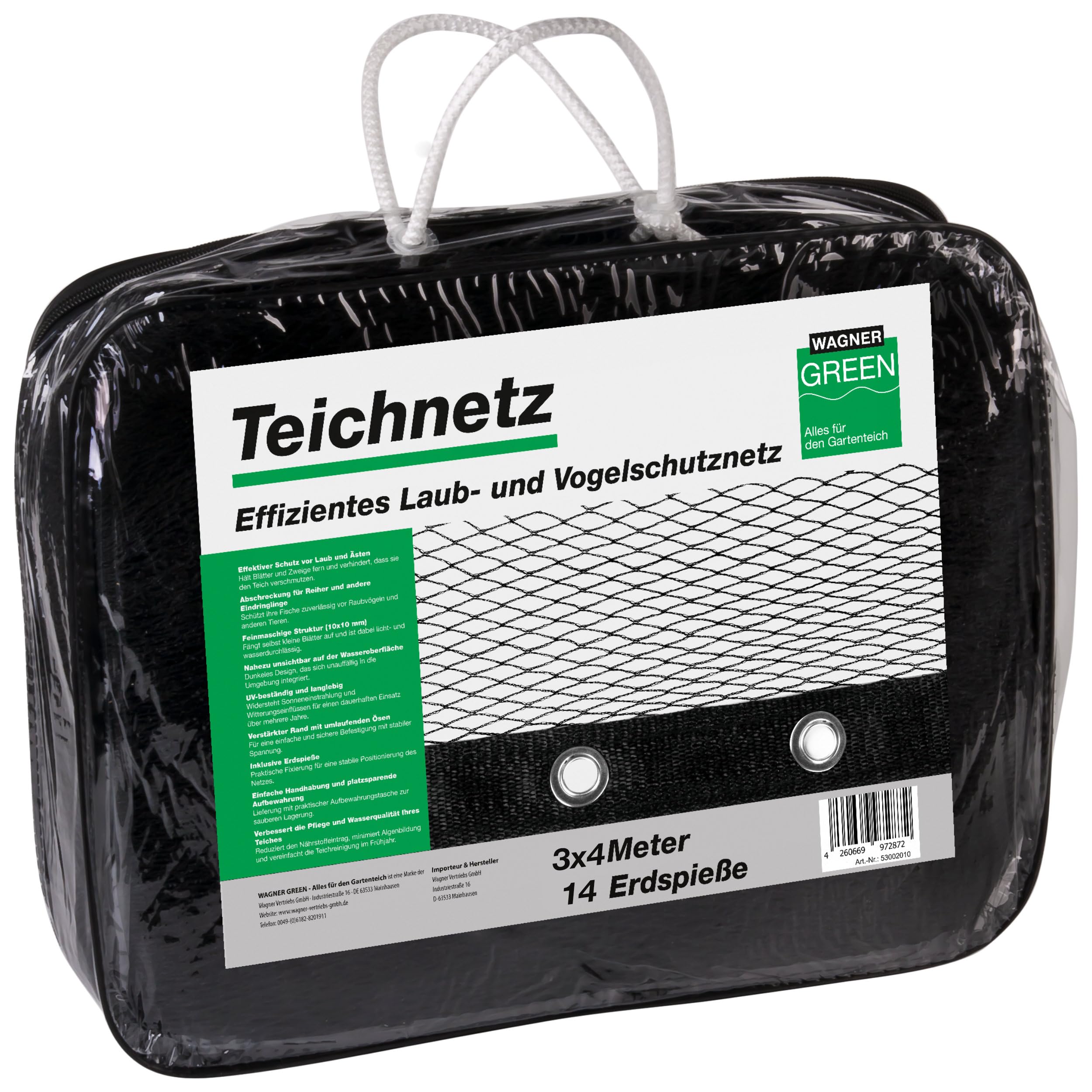 Abdecknetz (3x4m) schwarz mit Erdspießen | feinmaschig (10x10mm) mit stabilem Rand | Teichabdeckung für einen laubfreien Teich | Vogelschutznetz für Gartenteich