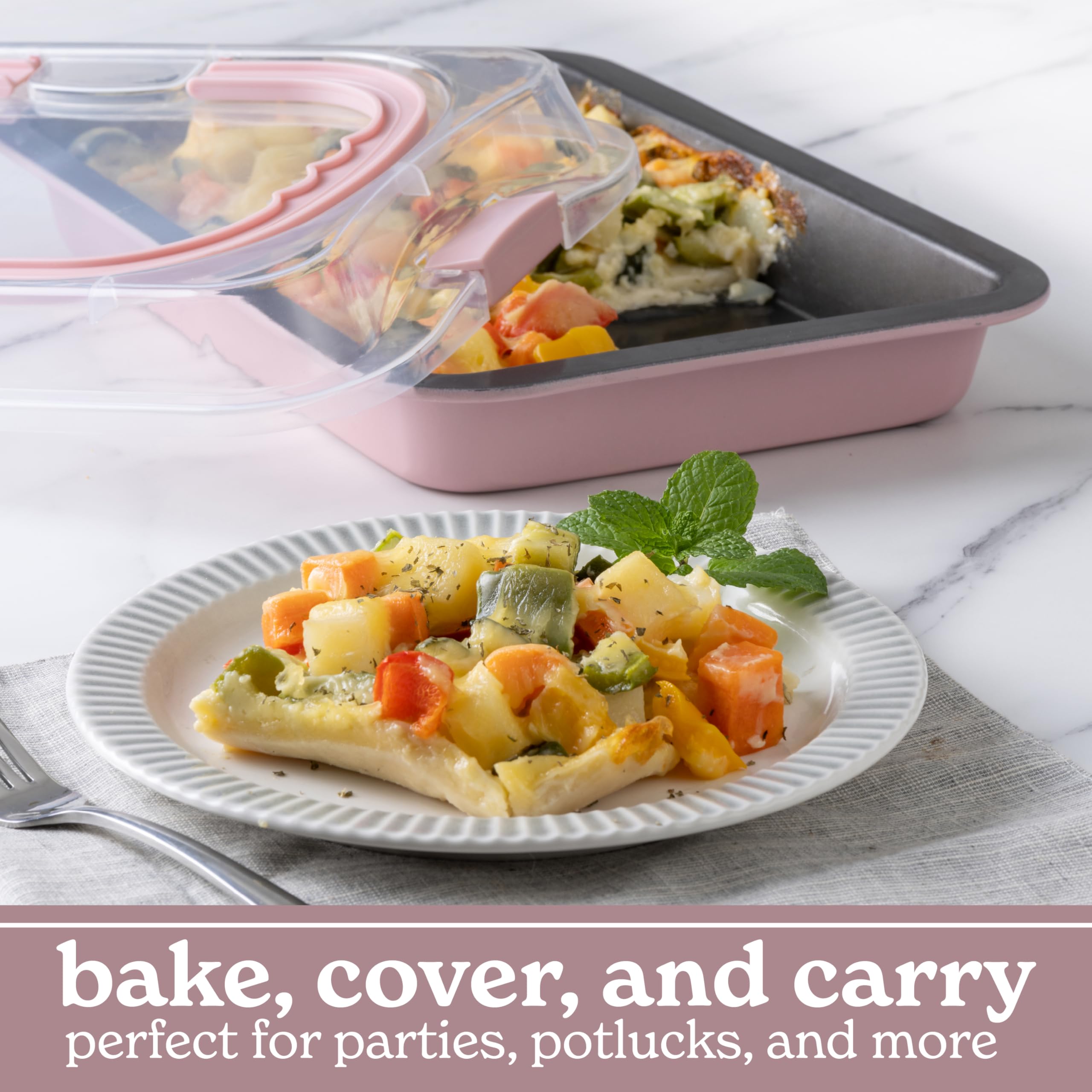 Country Kitchen Juego de 10 moldes antiadherentes para hornear con tapas de transporte para un fácil almacenamiento y viajes, perfectos para fiestas, apilables, color rosa