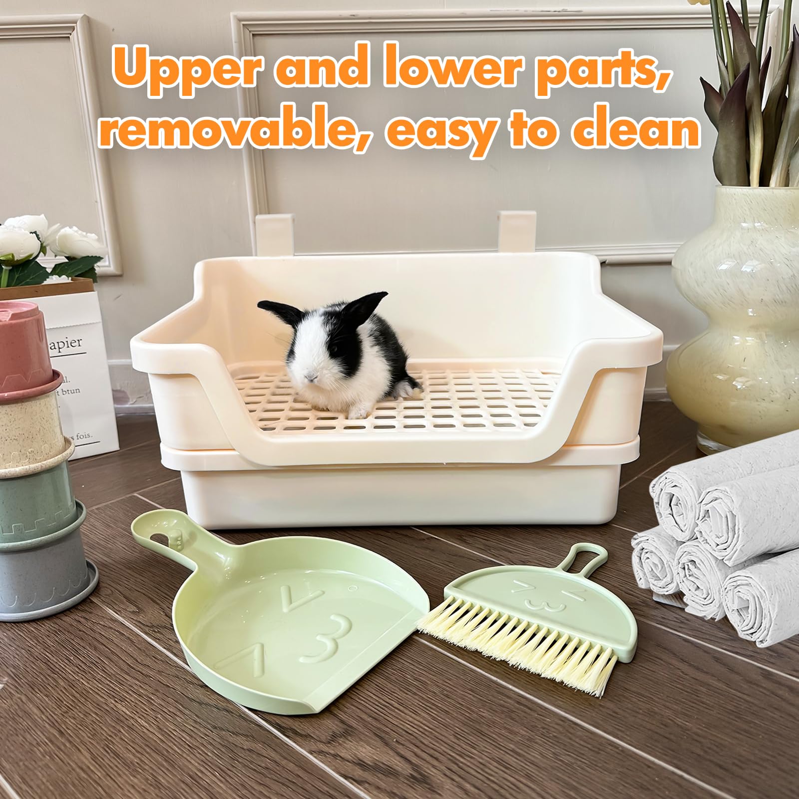 Large Rabbit Litter Box w/Plastic Grid & Dump Tray-Bunny Litter Pan Small Animal Potty Toilet - Pet Bunny Supplies Rabbit Cage Accessories for Training Corner Litter Box (Cream) - image 5