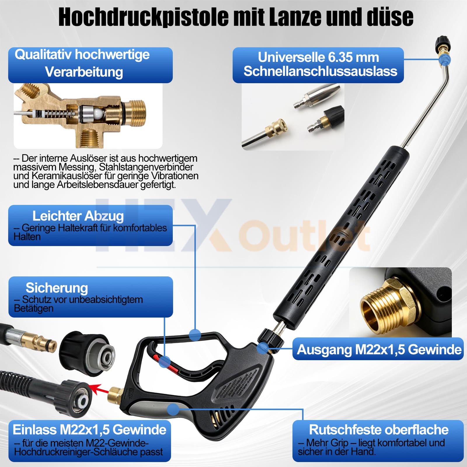Hochdruckreiniger-Pistole M22x1,5 (14 mm), Jet-Waschpistole, 276 bar mit DN6 Hochdruckschlauch, kompatibel mit Kärcher K-Serie K2-K7, Verlängerungsstab für Auto-Reinigungssets