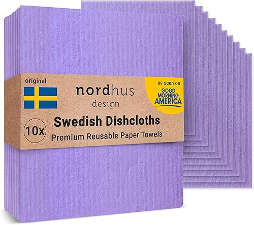Paños de cocina suecos, color morado amatista, paquete de 10, reutilizables, lavables, paños de cocina de algodón de celulosa Reemplazar toallas de