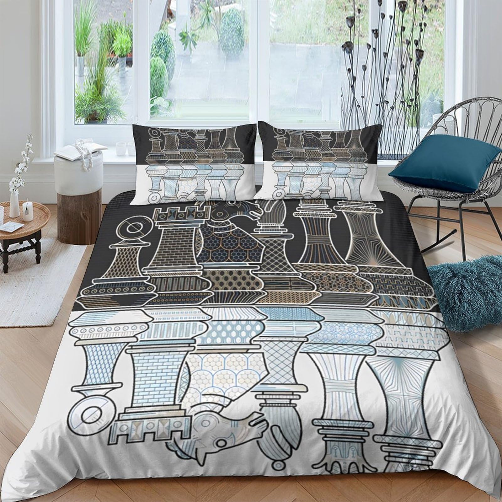 Ctjqhvkz Style-2 3D Printed Chess Pieces Fitted Sheet Microfiber Soft Black White Abstract Bed Cover For Bedroom Dorm Easy Care Single（135X200cm）