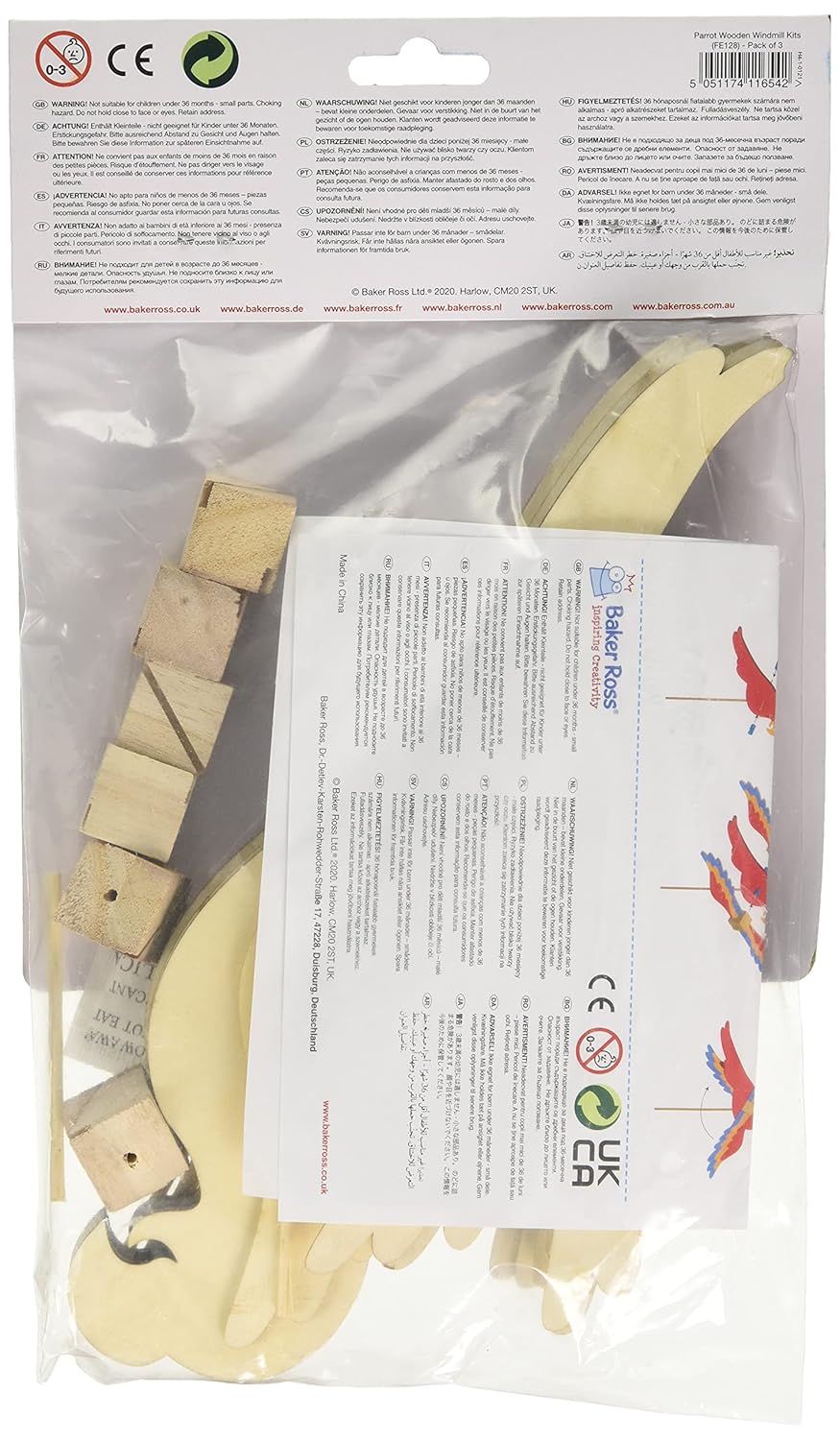 Baker Ross FE128 Parrot Wooden Windmill Kits - Pack of 3, for Kids Arts and Crafts Projects, Wooden Crafts for Children to Decorate, Personalize and Display