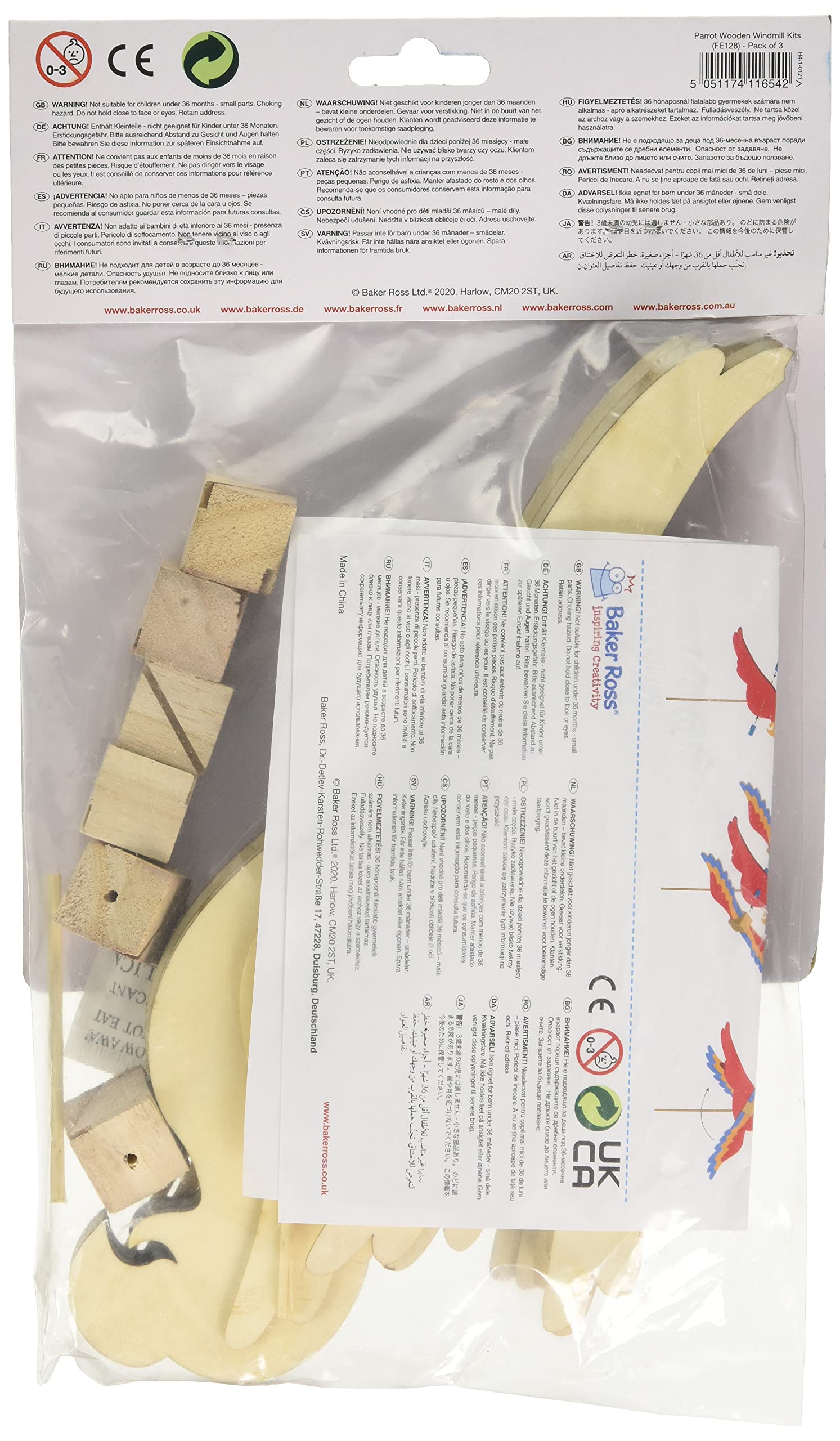 Baker Ross Papagei Windmühle Bastelset – 3er Pack, Holz, Zum Bemalen Und Zusammenbauen