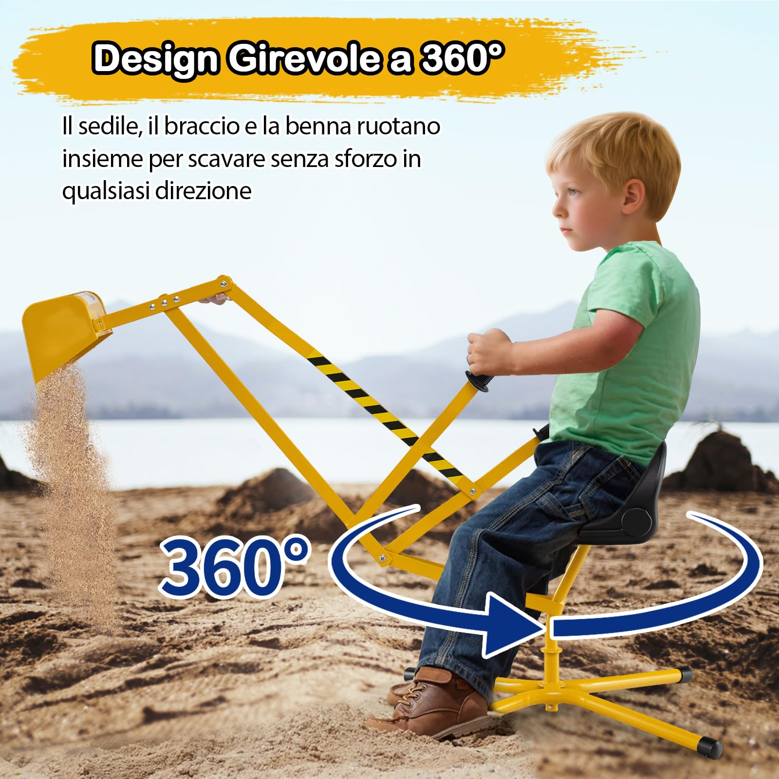 GYMAX Giocattolo Escavatore per Bambini, Escavatore Cavalcabile con Base Rotante a 360° e Controlli a Due Mani, per Sabbia, Terra, Metallico per Esterno per Ragazzi e Ragazze 3+ Anni (Giallo)