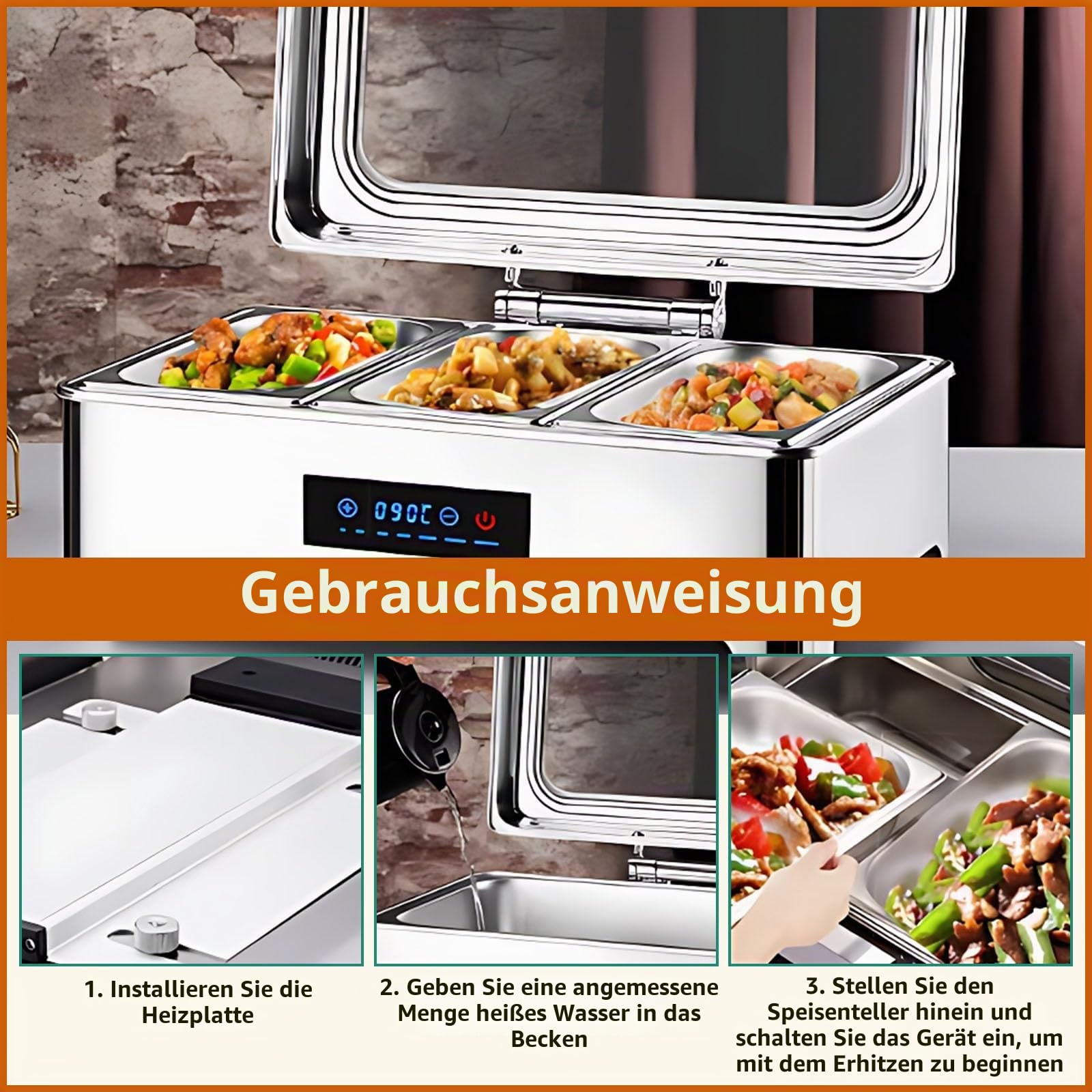 Chafing Dish Elektrisch 9L, Edelstahl (B, 1/2 Pan) | Elektrische Warmhaltebehälter Einstellbare Temperatur, Rechteckiger Chafing Dish Set Speisenwärmer mit Sichtbarem Glasdeckel