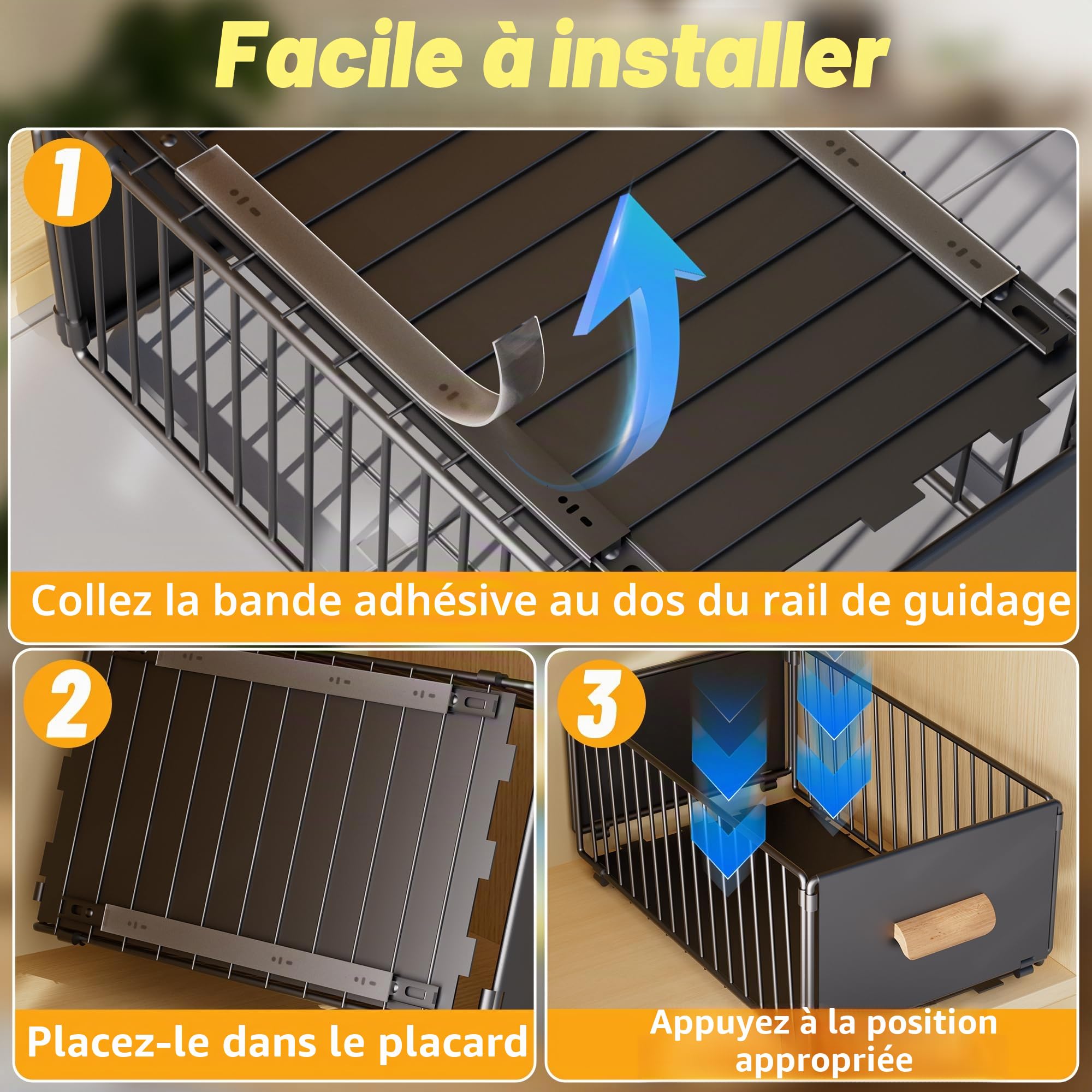 Paquet de 2 Tiroir Coulissant Cuisine Adhesif, Organisateur de Tiroirs | Bac Coulissant Placard Cuisine, Organisateur D'Armoires De Cuisine Pour Armoires de Cuisine, Aucun PerçAge ni Clouage Requis