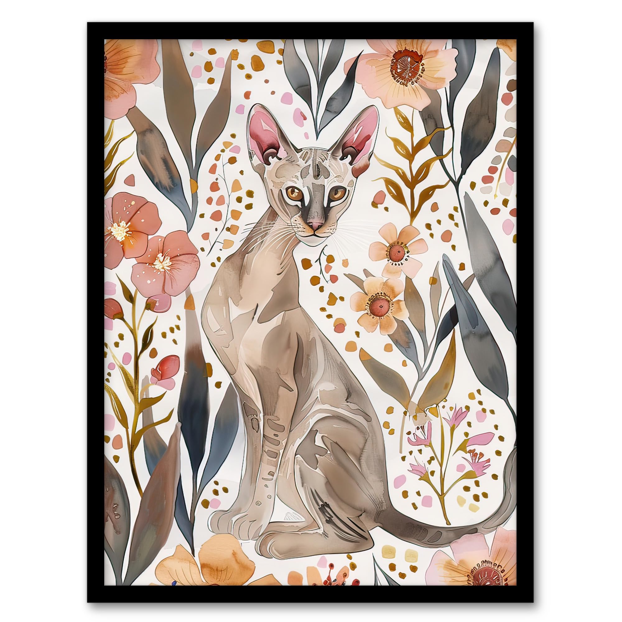 Artery8 Cat Lover Oriental Shorthair with Anemone Flowers Living Room Artwork Framed Wall Art Print 18X24 Inch