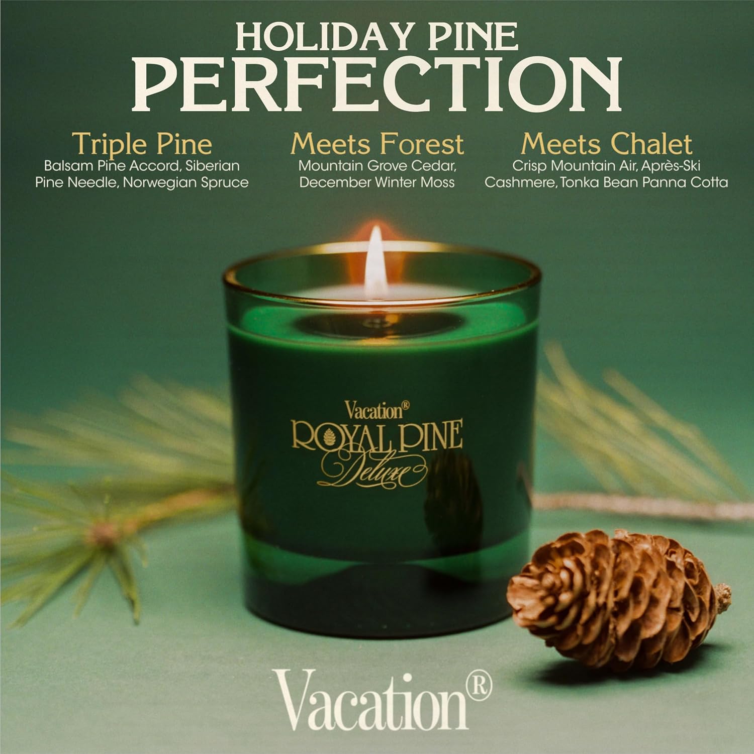 Royal Pine Deluxe Pine-Scented Candle by Vacation Sunscreen, Premium Soy-Blend Wax, 70-Hour Long Burning, Winter House Decor, Gift for Women & Men, 7 Oz.