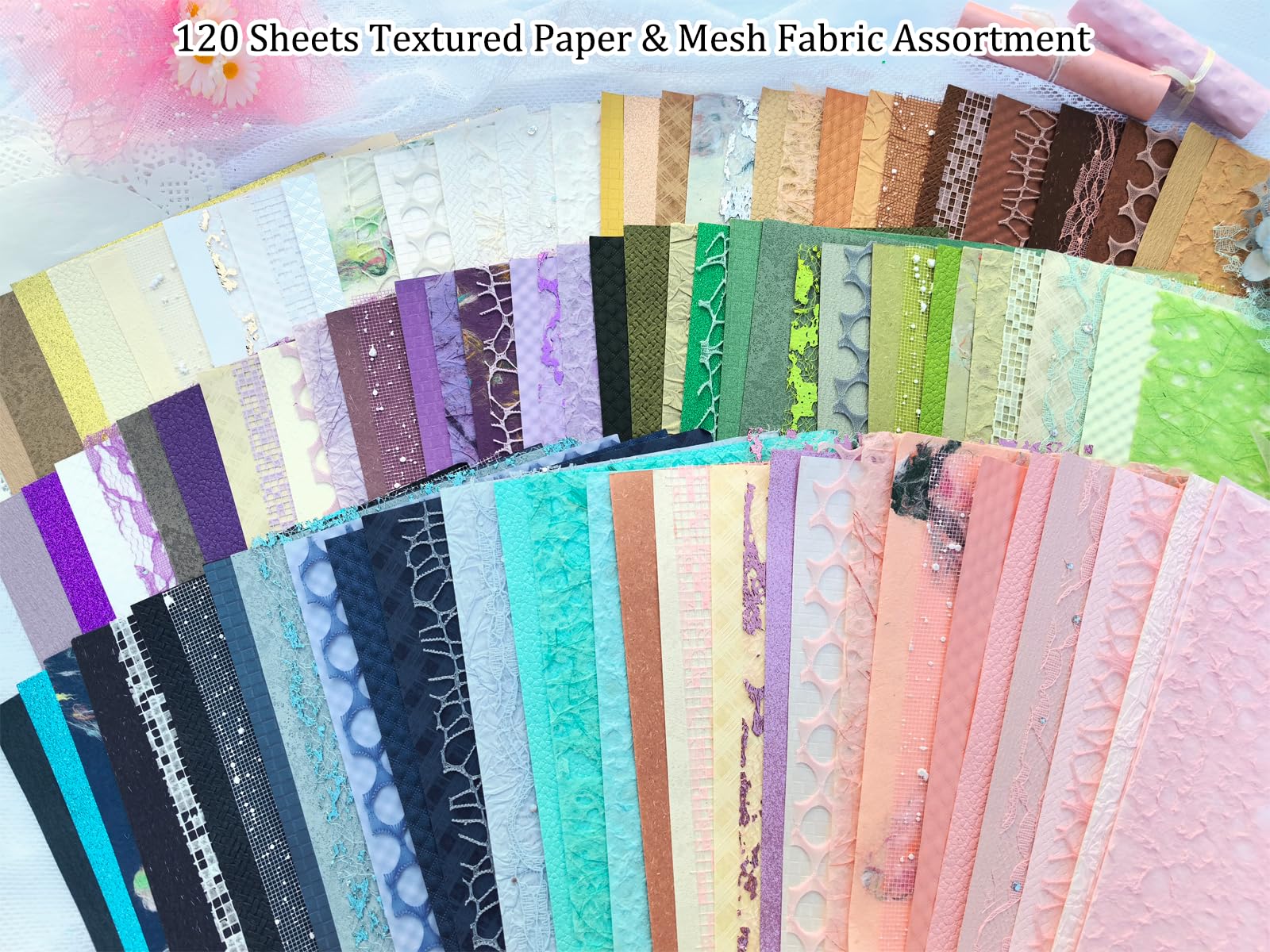 Wielobarwny papier teksturowany i tkanina siatkowa, 120 arkuszy papieru do scrapbookingu