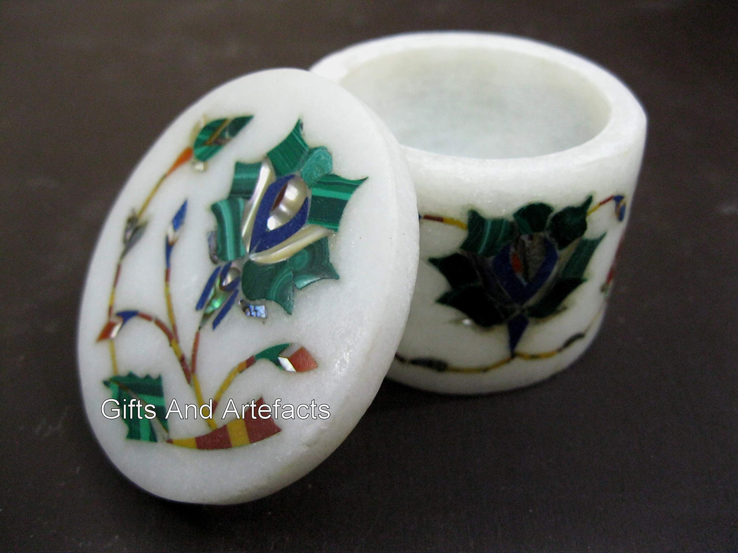 Boîte à bijoux en malachite de 6,3 cm et marbre blanc fait main