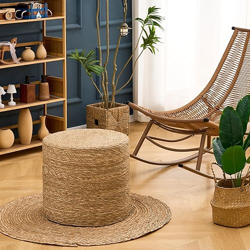 Miniatura 27 de Wimarsbon Puf otomano de 18 pulgadas, puf trenzado natural, puf rústico de tejido a mano, taburete reposapiés bohemio para dormitorio, mesa Cáscara