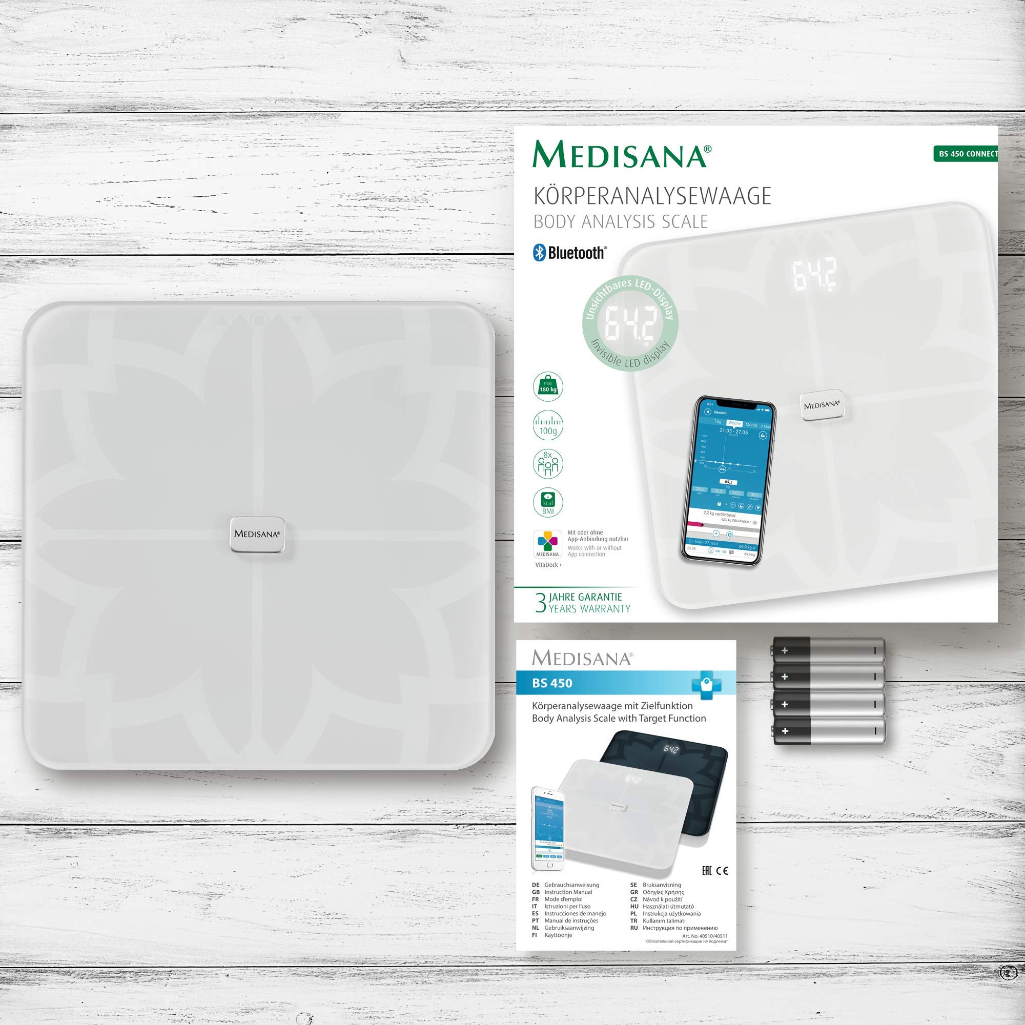 Medisana BS 450 connect, digitale Körperanalysewaage 180 kg, weiße Personenwaage zur Messung von Körperfett, Körperwasser, Muskelmasse und Knochengewicht, Körperfettwaage mit Körperanalyse App