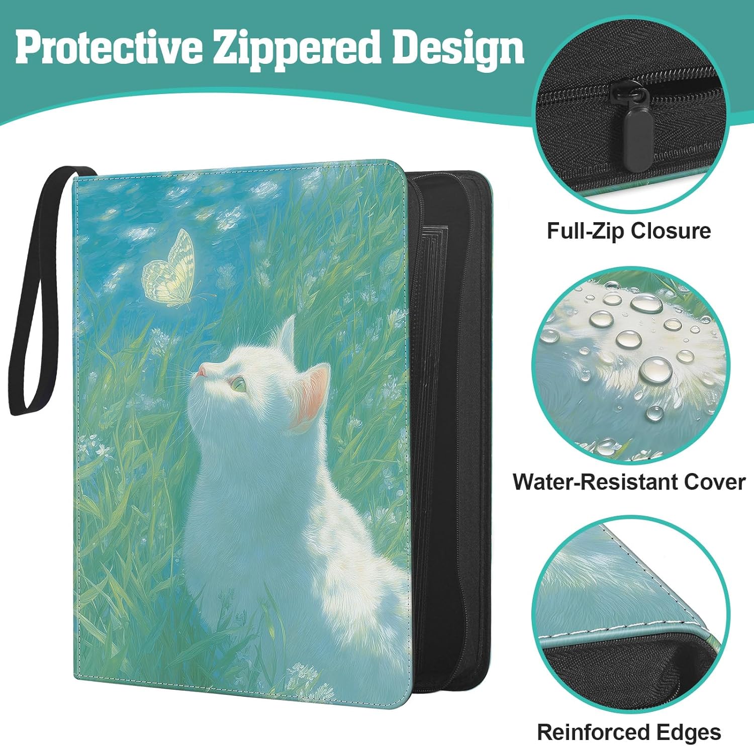 Top Loader Binder, 9 Pocket Holds 360 Top Loaders, Side-Loading Full-Zip Binder with Water-Resistant PU Cover for 3" x 4" Toploaders, TCG, MTG & Sports Cards, Blue Butterfly Cat