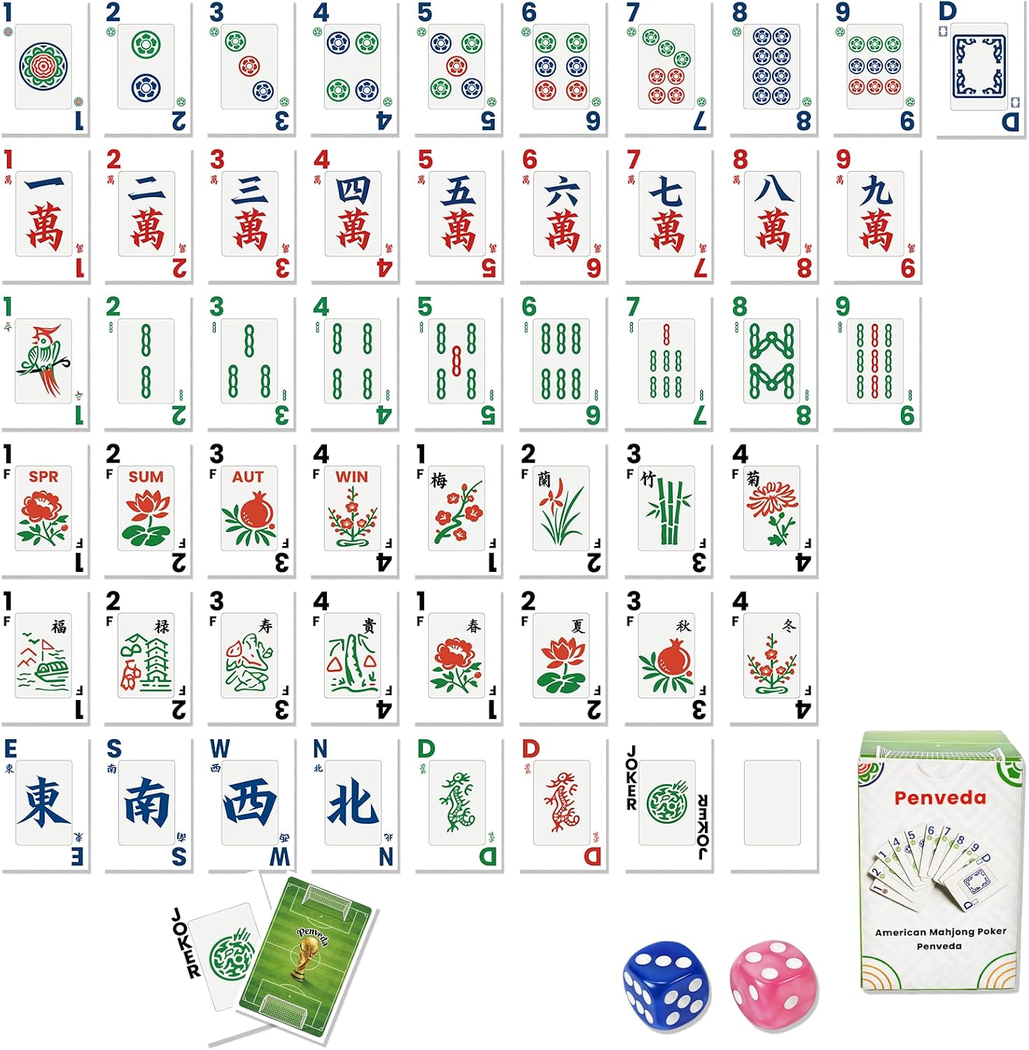 2026 Mahjong Playing Cards 166 Pcs, Large Print American Mahjong Game Set with 2 Dices Portable, Durable Waterproof Poker Mahjong Cards for Family Party, Travel & Gift