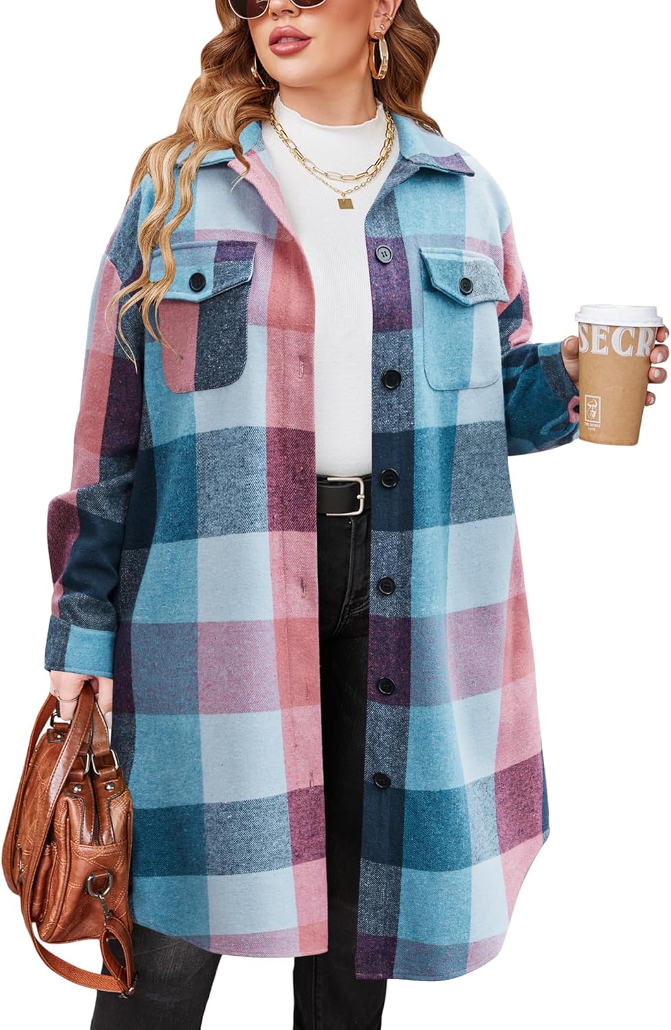 IN'VOLAND Womens Plus Size Flannel Plaid Shirts Long Sleeve Lounge Lapel Boyfriend Button Down Tartan Long Jacket Coats