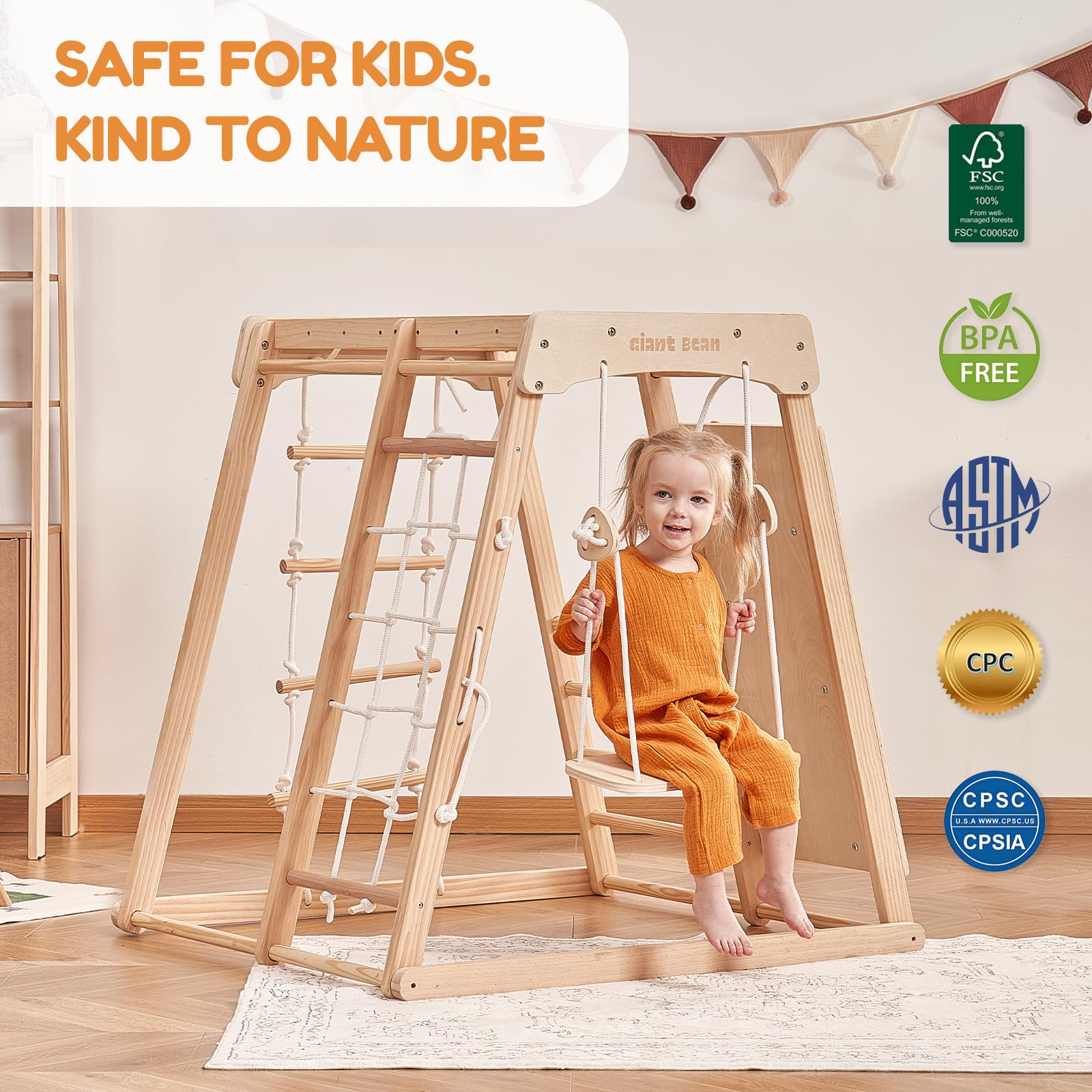 Indoor Klettergerüst ab 1-3 Jahre 7 in 1 Montessori Klettergerüst Großes Klettergerüst aus Holz Klettergerüst mit Rutsche, Holz Kletterturm mit Leiter und Rutschbahn für Kinder (1-3 Jungle Gym)