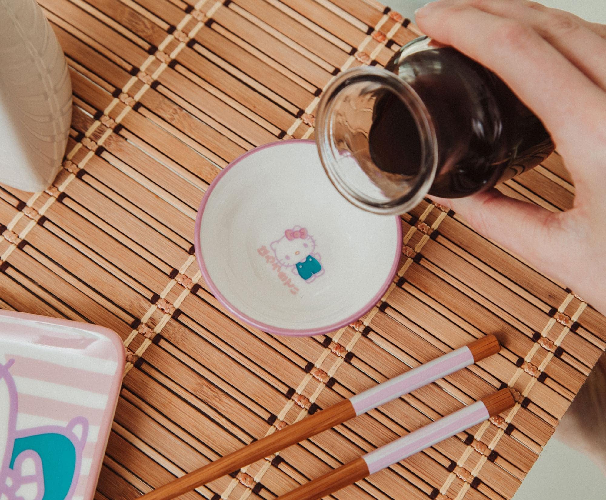 Sanrio Hello Kitty Pink 3-Piece Ceramic Sushi Plate Set With Soy Sauce Bowl and Wooden Chopsticks | Japanese Style Dinnerware