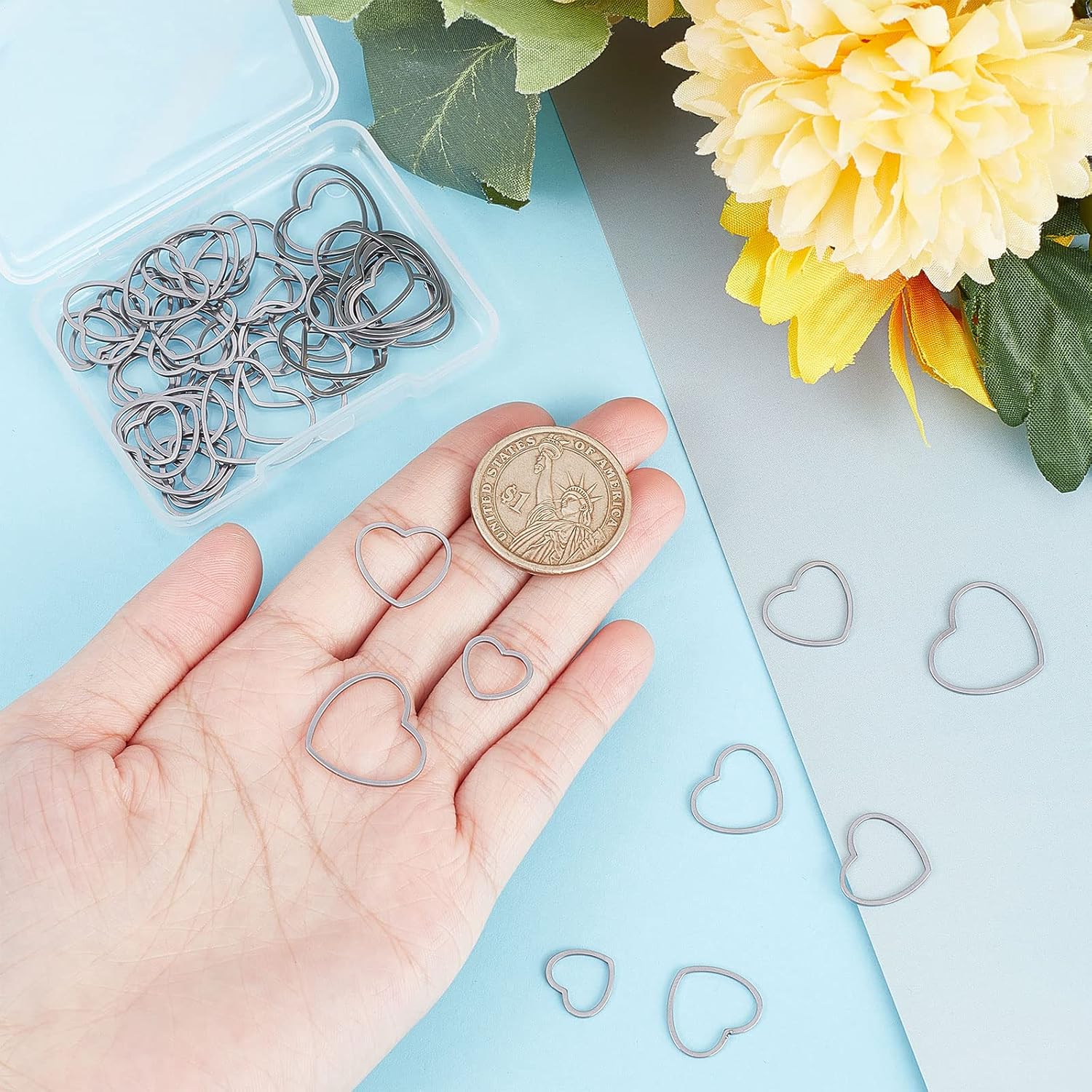 SUNNYCLUE 1 Box 60Pcs Heart Linking Rings Stainless Steel Open Bezel Charms Connectors Hollow Links Valentine's Day Heart Love Charms Metal Resin Frame for Jewelry Making Adult DIY Craft