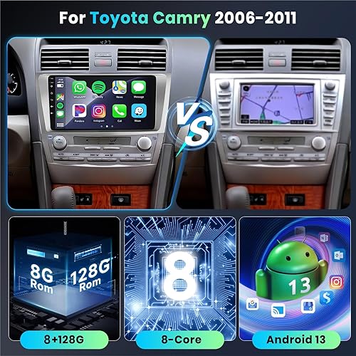 Miniatura 12 de Radio de coche 2G+64G para Toyota Camry 2006 2007 2008 2009 2010 2011 con CarPlay inalámbrico Android Auto, 9 pulgadas pantalla táctil Android 13