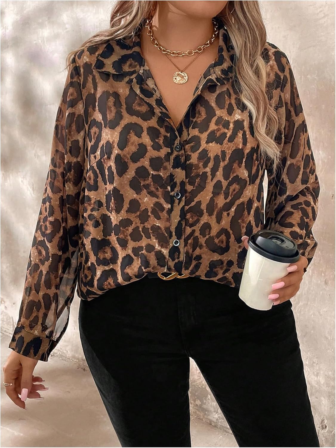 Floerns Women's Plus Size Long Sleeve Cheetah Shirts Leopard Button Down Blouse Top - Image 5