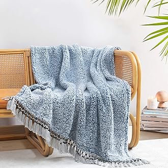 Ultra Soft Cozy Sherpa Throw Blanket, Light Weight Warm Decorative Throw Blanket with Tassel, 2 Tones Ombre Navy Blue Pattern Reversible Boho Style Blanket for Sofa, Couch, Bedroom,Travel, 50”x60”