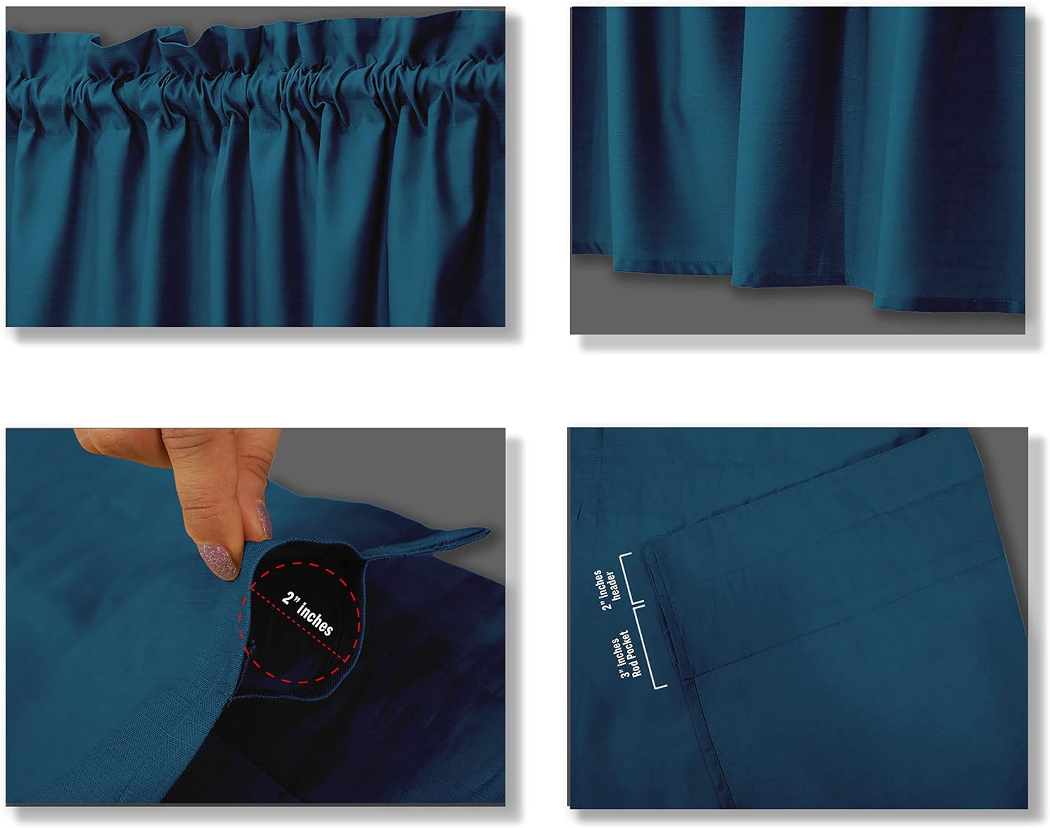 Plain Cotton Valance, Decorative Window Rod Pocket Valance Half Drape for Kitchen Window 2 Panel,30x36 Inches, Teal Blue