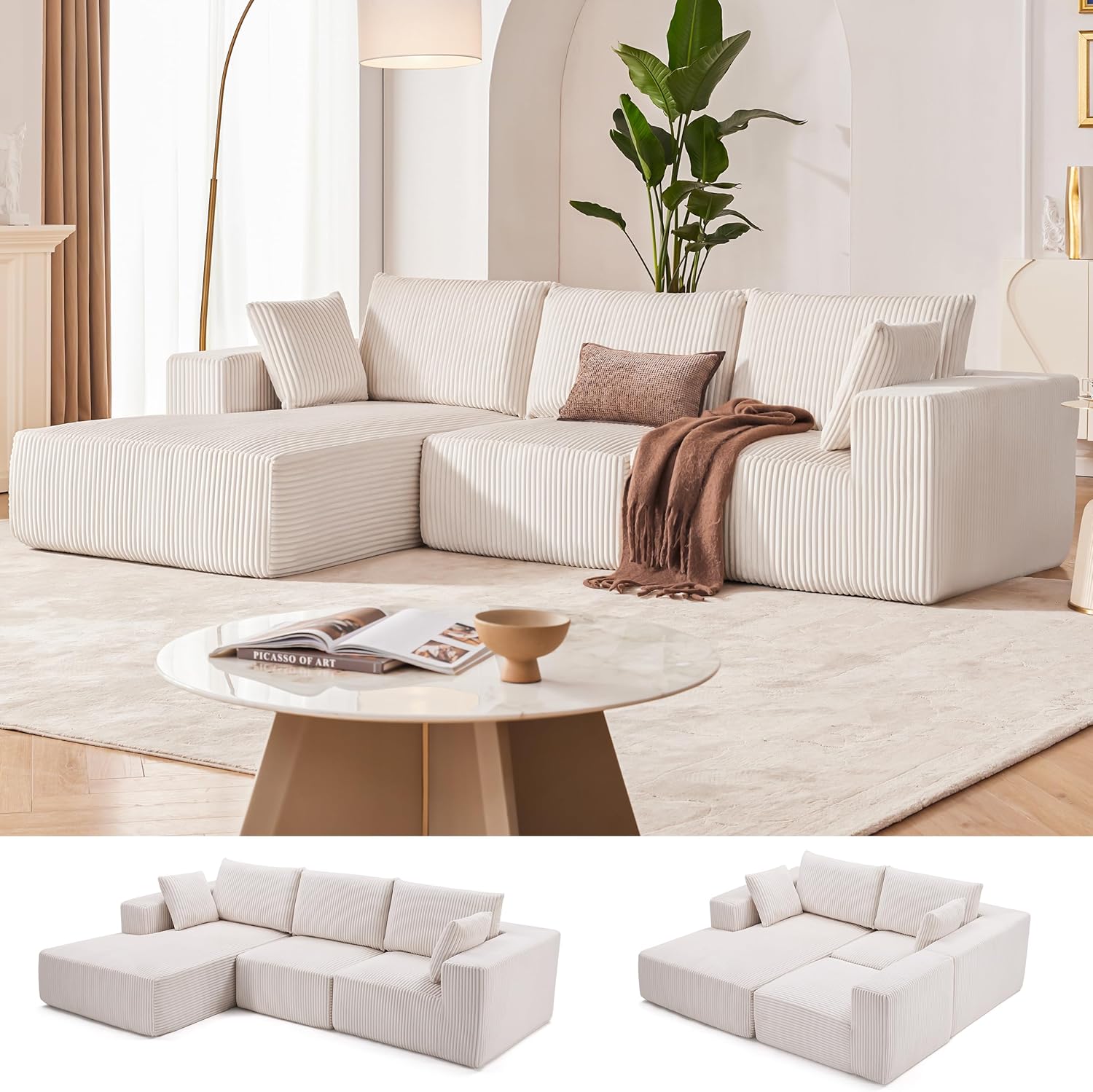 108” Modular Sectional Sofa, Cloud Sectional Couch with Deep Seat, Modern Modular L-Shape Sofa with Chaise,Upholstered Boneless Couches for Living Room (Corduroy, Beige) - Thumbnail 5