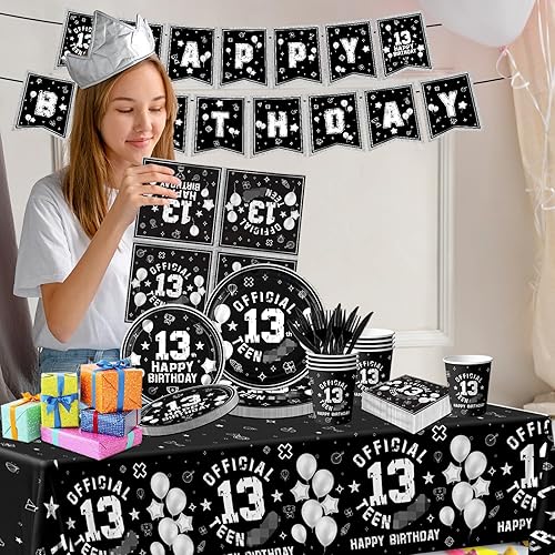 Miniatura 3 de 142 piezas de decoración de mesa para fiesta de cumpleaños número 13, suministros para fiesta de cumpleaños 13, juego de vajilla temática negra,