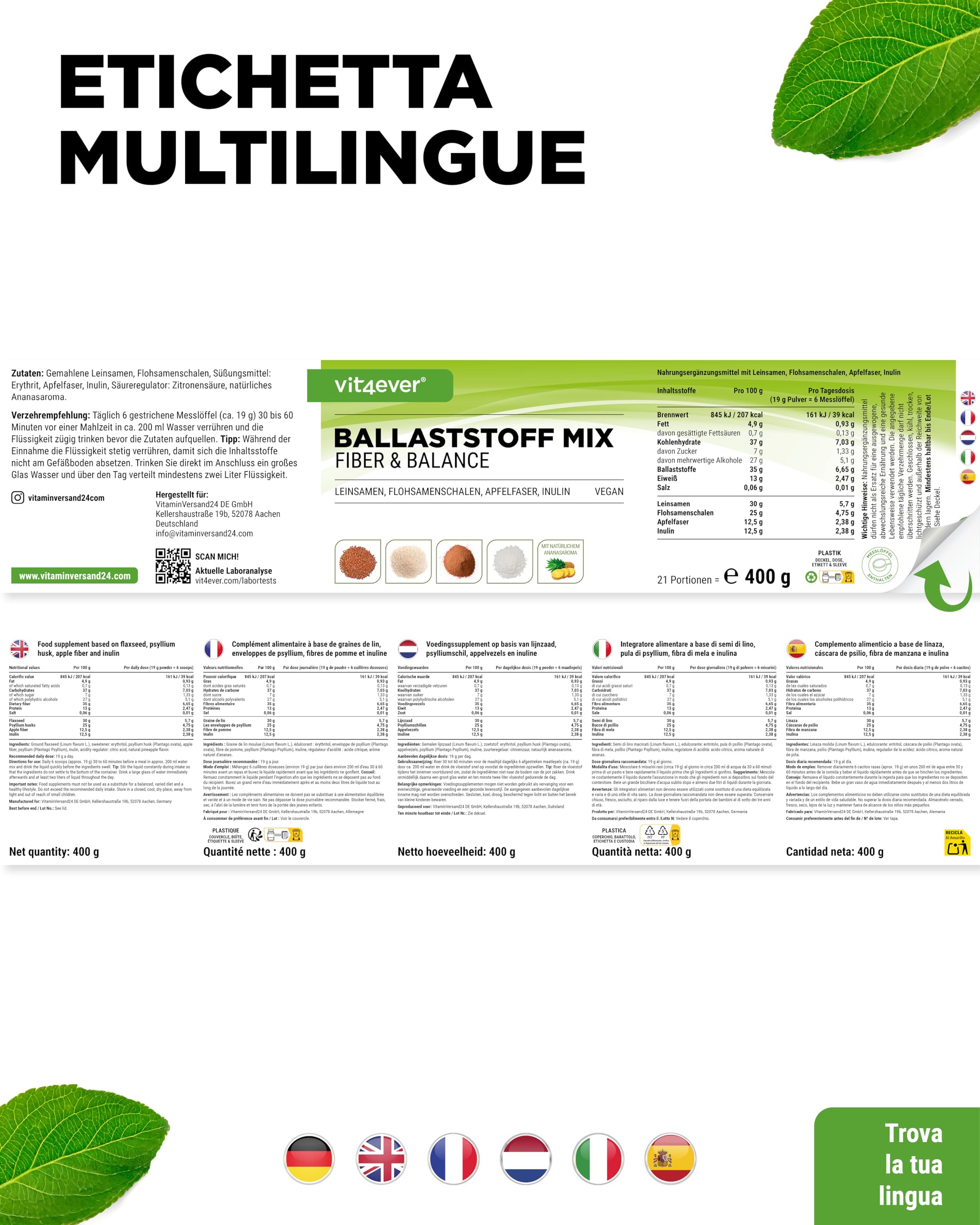 Combinazione di fibre alimentari - 400 g di polvere con bucce di psyllium, inulina (prebiotico), polpa di mela, semi di lino - Alto contenuto di fibre alimentari - Vegan - Con aroma naturale di ananas