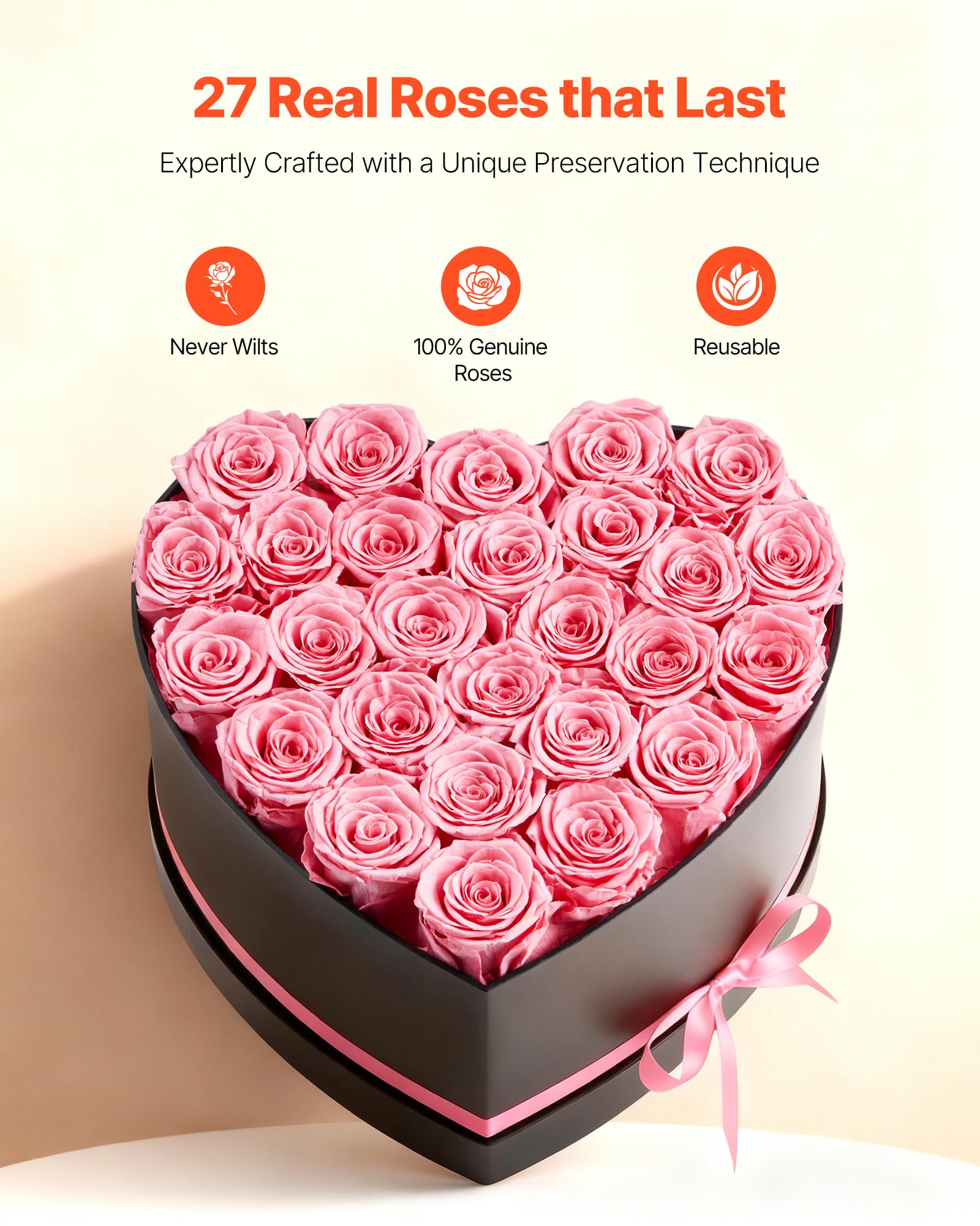 VEVOR 27 Rosas Eternas en Caja con Forma de Corazón, Ramo de Flores Preservadas, Caja de Regalo de Flores para Esposas, Madres, Amantes, para Bodas, Día de la Madre, San Valentín, Navidad, Rosa