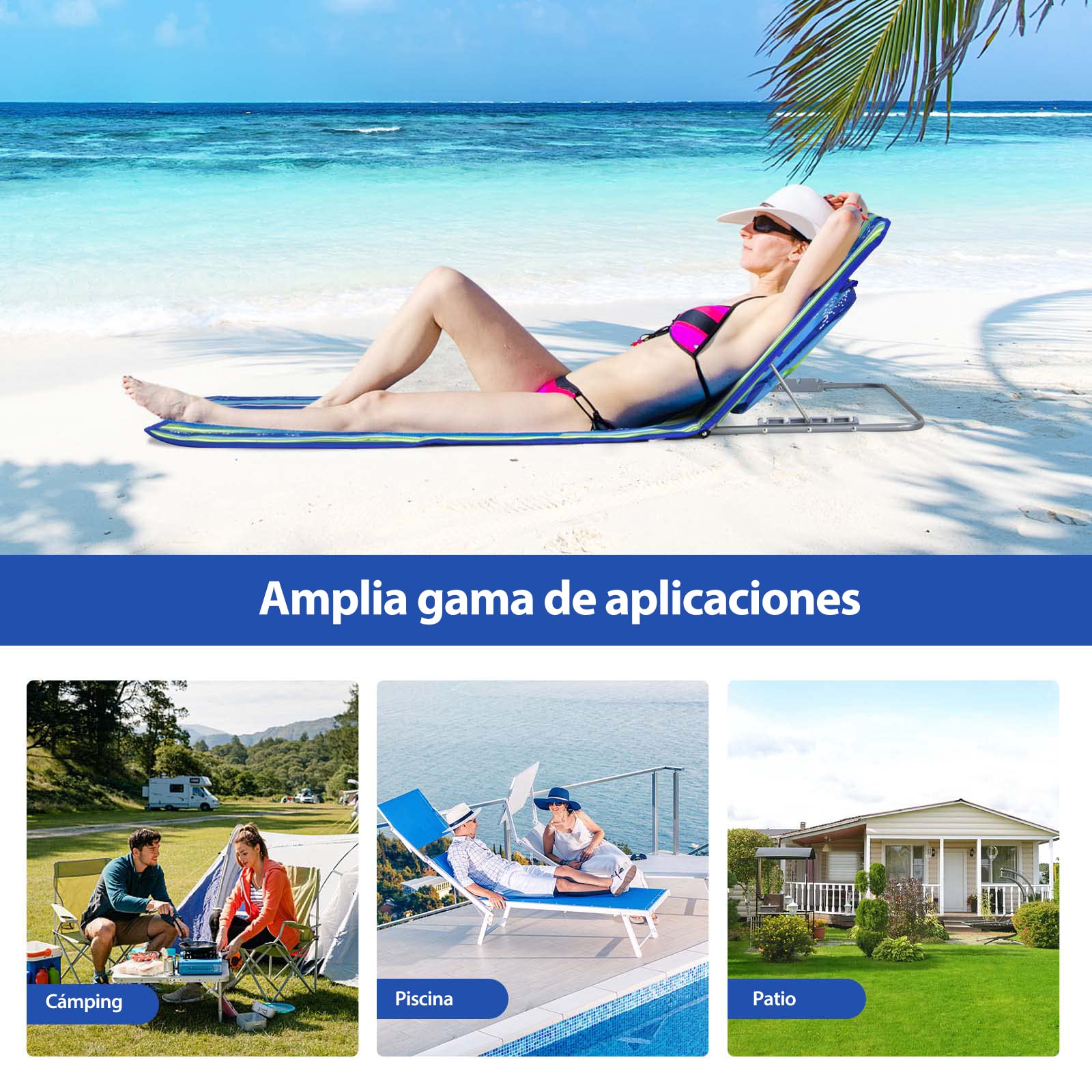 COSTWAY Set de Esterilla de Playa con Respaldo Plegable y una Mesita, Set Tumbonas Regulables 5 Posiciones para Relajarse Exterior Tomar el Sol, Sillas Regulables Portátiles para Playa Camping (Azul)