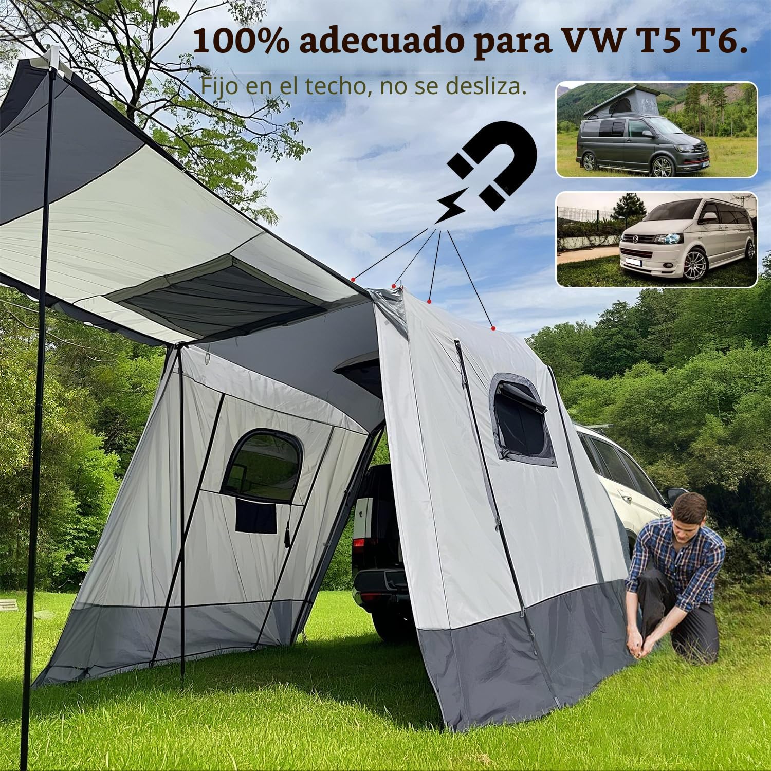 Carpa Trasera Coche 200x200x205 cm, Tienda para Maletero Coche VW T5 T6, Tienda de Campaña para Maletero de Coche para 2-3 Personas, Impermeable hasta 3000 mm, Accesorio de Camping para T5 T6.