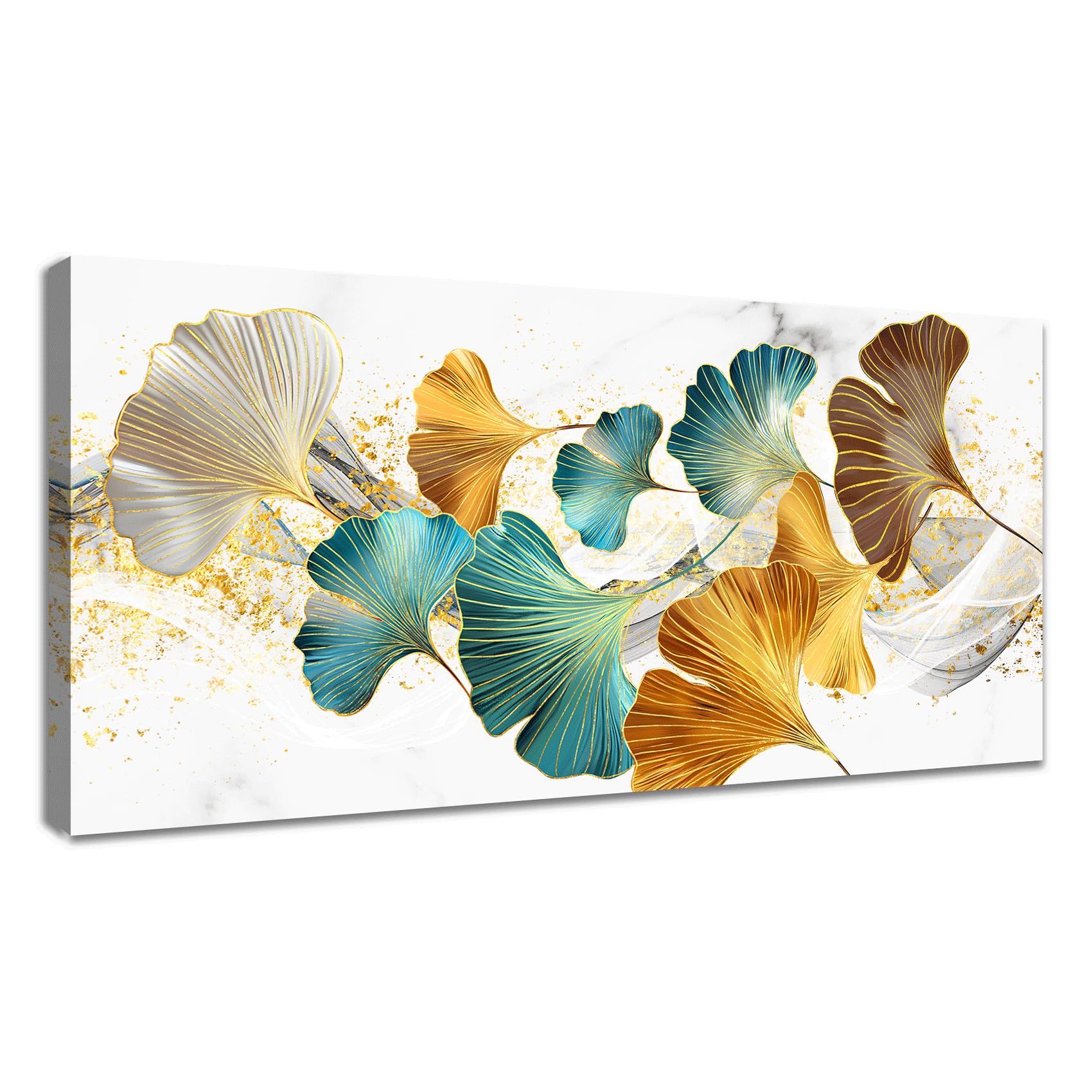 WENGTIAO Marco de Madera Grande Cuadros Decoracion Salon Modernos Floral Botánico Lienzos decorativos Hoja de Ginkgo Azul Dorado Cuadros Decorativos Salón Dormitorios Comedor Oficina Pasillo 50x120cm