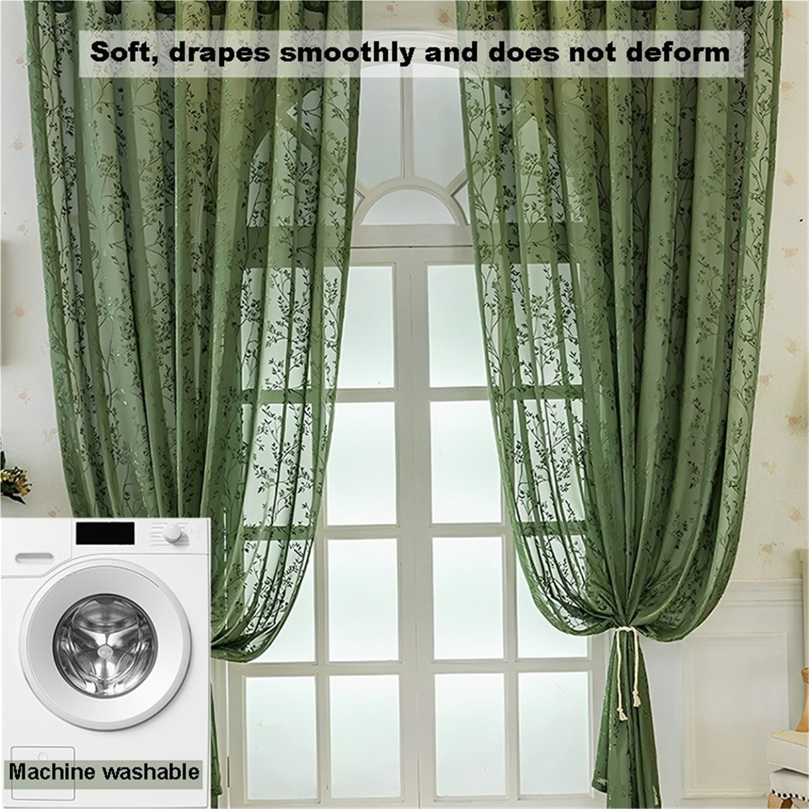 Voilage Fenetre Rideau Salon Cuisine Chambre Semi Transparent Motif De Branches De Feuille Dentelle Broderie | Lot De 2 Œillets Souple Lavables Intimité(Coffee,140 x 260 cm)