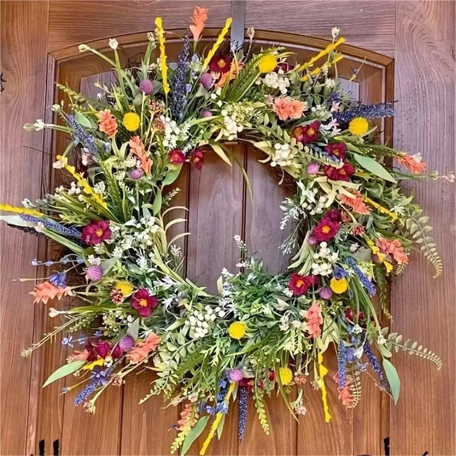 Door Wreath 45cm Spring Summer Artificial Wildflower Door Wreath Colorful Multipurpose Decorative Garland For Front Home Decor