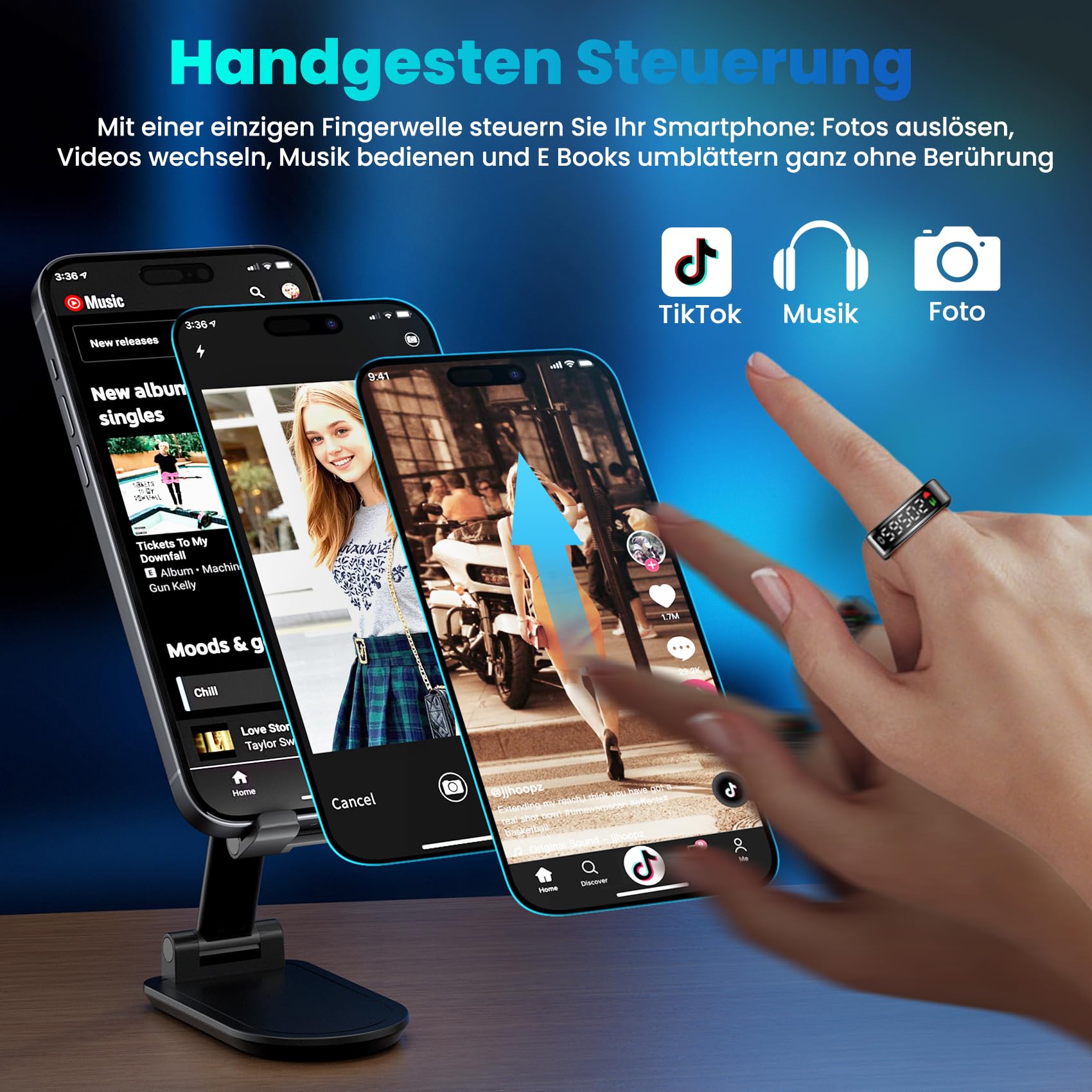 Smart Ring für Damen Herren, Smartringe mit LED Anzeige, Fitness Tracking Ring IP68, Schlaf Health Ring, Gesundheitsring mit Android/iOS,Schrittzähler/Herzfrequenz/SpO2/Aktivitätstracker (Schwarz, 8)