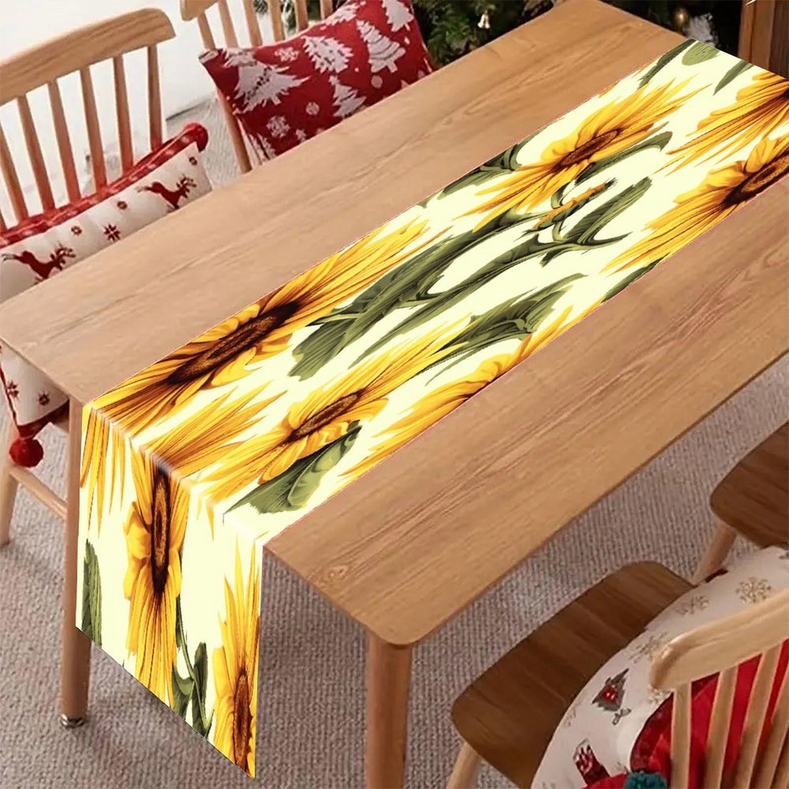 Adfgyerh Style Summer Sunflower Table Runner，Pure Linen Chambray ,Boho Table Runner，Heavy Duty Washable Fabric Decorations ，For Party Kitchen Dining Table Coffee Holiday Party Decor (12X70.87 Inches)