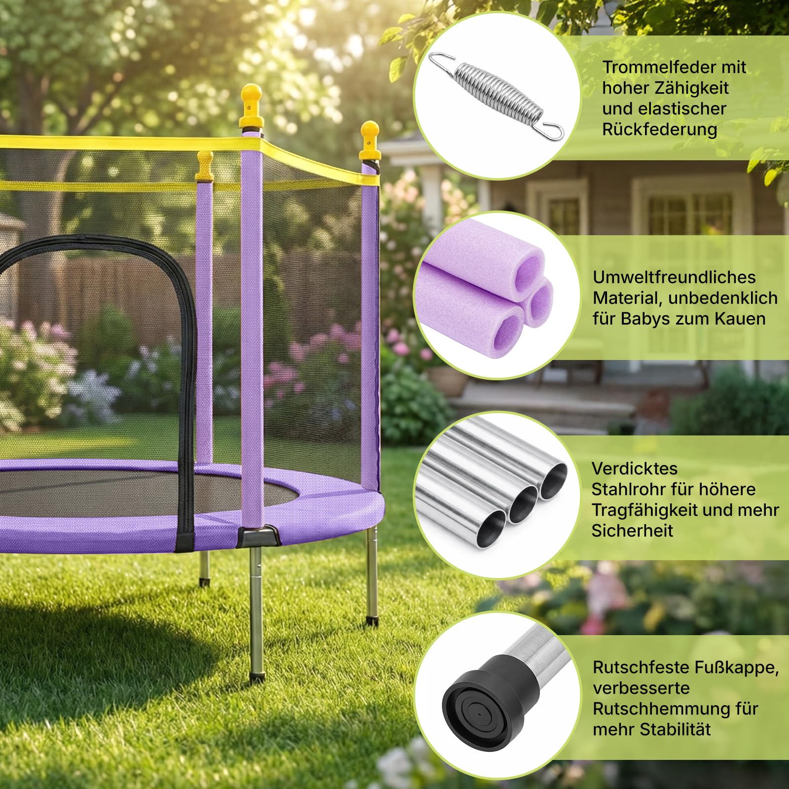 Kinder Trampolin Gartentrampolin 140cm mit Sicherheitsnetz, Bodentrampolin Outdoor Trampolin für Garten, belastbar bis 90kg, sicheres Kindertrampolin mit Stabiler Konstruktion