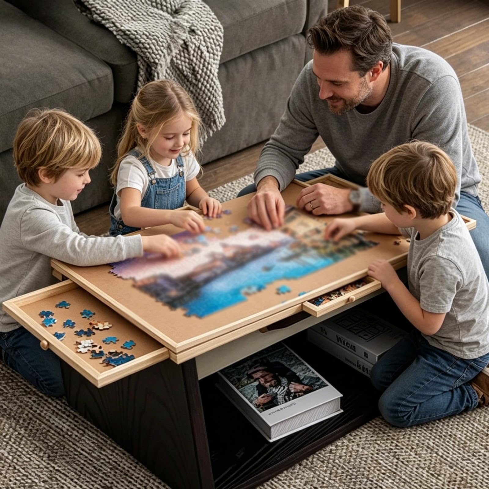 Tavola puzzle in legno con coperchio, tavolo puzzle girevole, tavole puzzle da tavolo e contenitore con 6 cassetti, superfici antiscivolo, risparmiare spazio, per compleanni, giochi, adulti e bambini