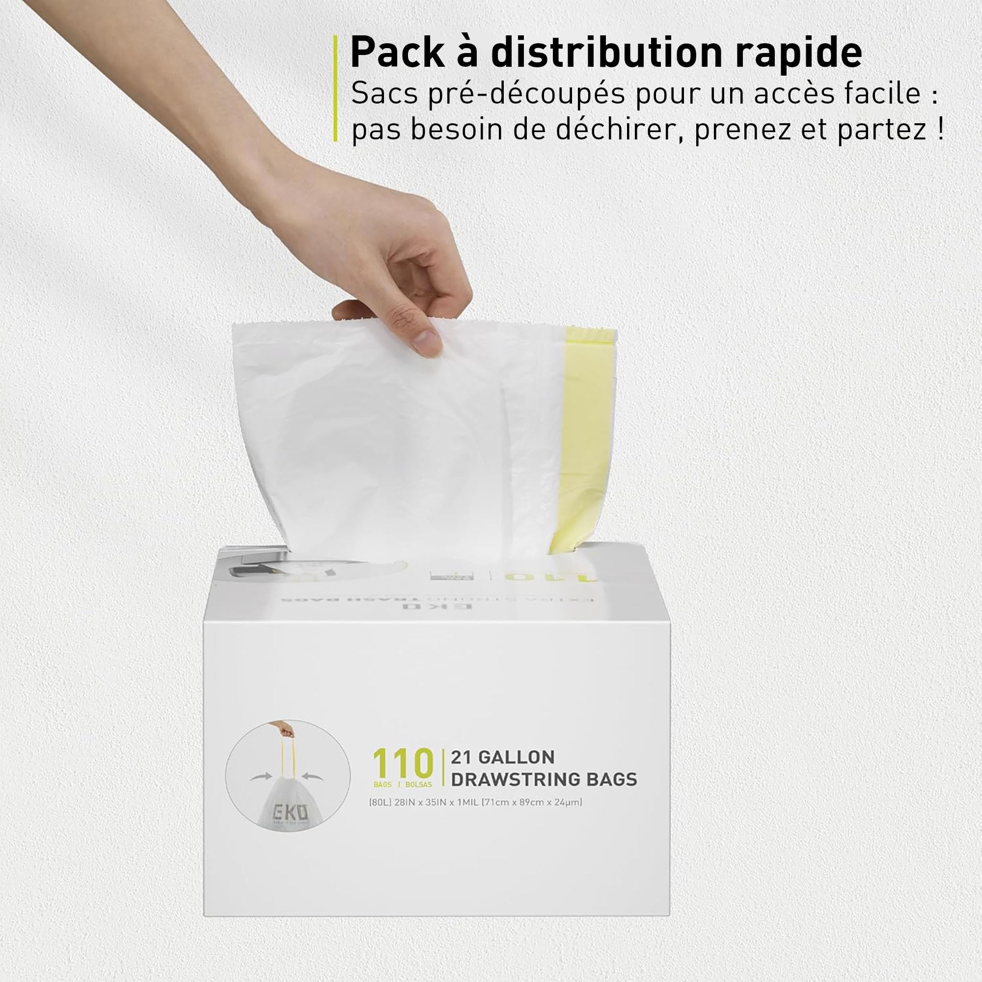 EKO Lot de 110 grands sacs poubelle extra résistants de 75 litres avec cordon de serrage pour cuisine et ménage (80 L), résistants aux fuites, code G